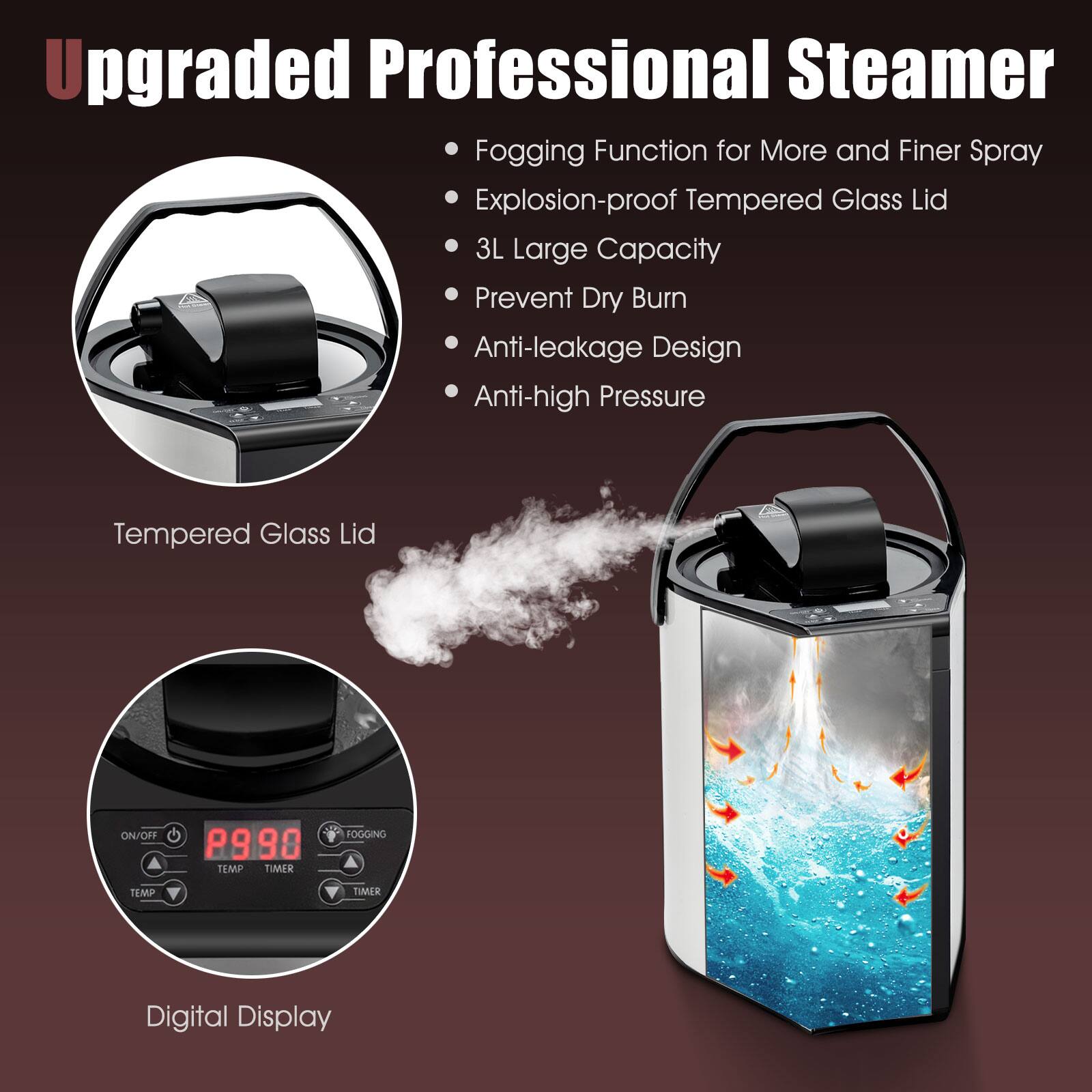 Upgraded Professional Steamer: Fogging Function for More and Finer Spray, Explosion-proof Tempered Glass Lid, 3L Large Capacity, Prevent Dry Burn, Anti-leakage Design, Anti-high Pressure Tempered Glass Lid, ON/OFF P990 TEMP TIMER FOGGING TEMP Y TUMAR Digital Display.