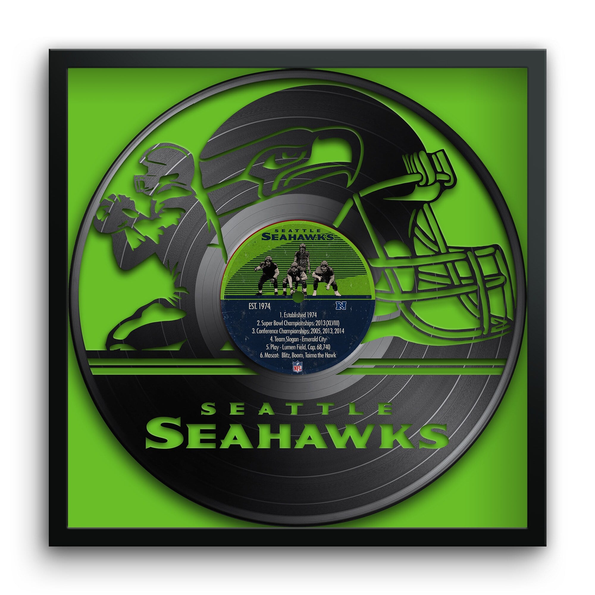 SEATTLE SEAHAWKS  
EST 1974  

1. Established 1974  
2. Super Bowl Champions 2013  
3. Conference Championships 2005, 2013, 2014  
4. Team Slogans: "Be the Hawk"  
5. Playoffs: 2005, 2006, 2010, 2011, 2012, 2013, 2014  
6. Microsoft, Boeing, Nordstrom, Emerald City Bank, Qwest Field, Cap. 68,740  

SEATTLE SEAHAWKS