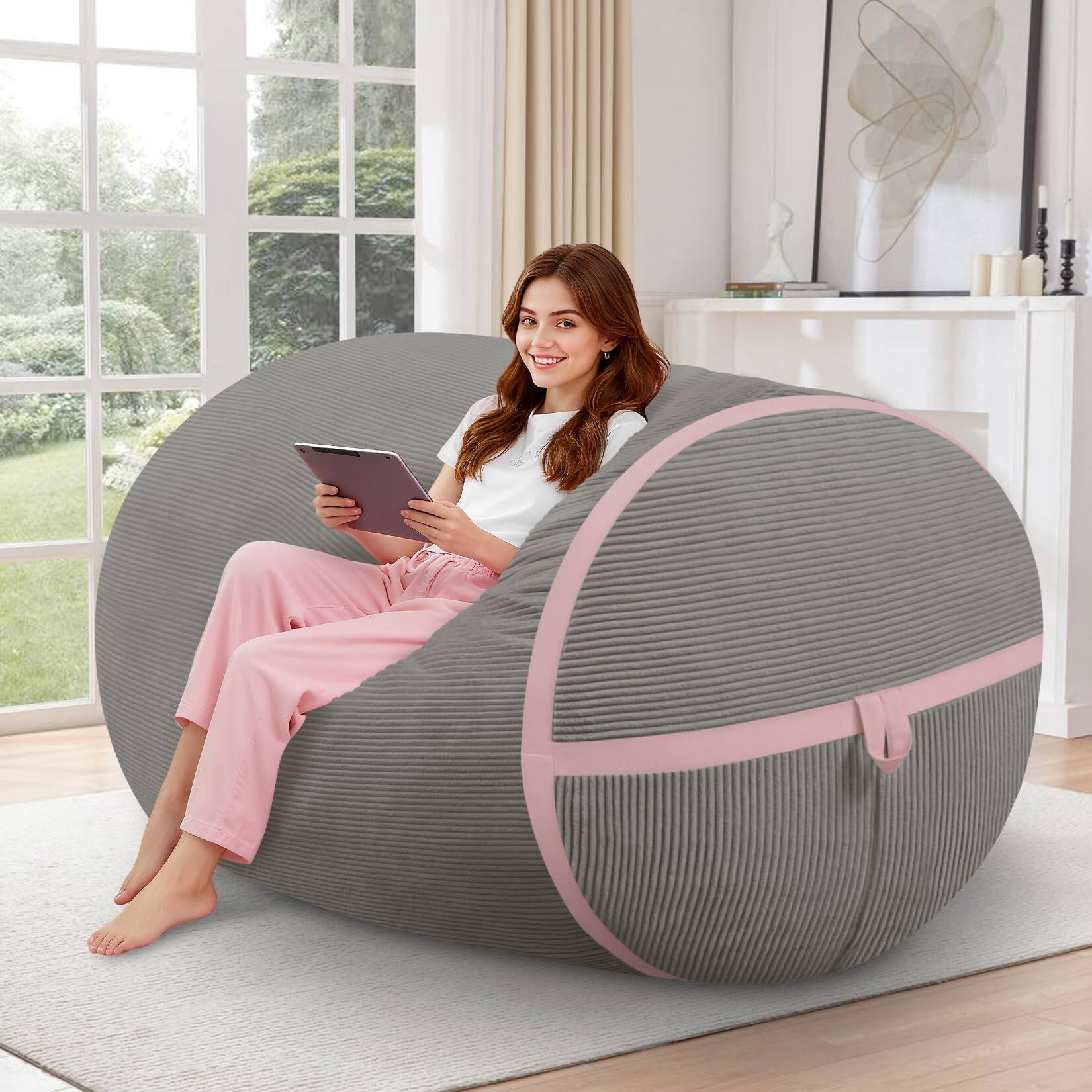 JETRANSPORT - Bean Bag Chair 2ft Chairs With Memory Foam Filled Comfy Sofa Portable Handle Ultra-soft Corduroy Beanbag - Light Grey & Pink 4FT