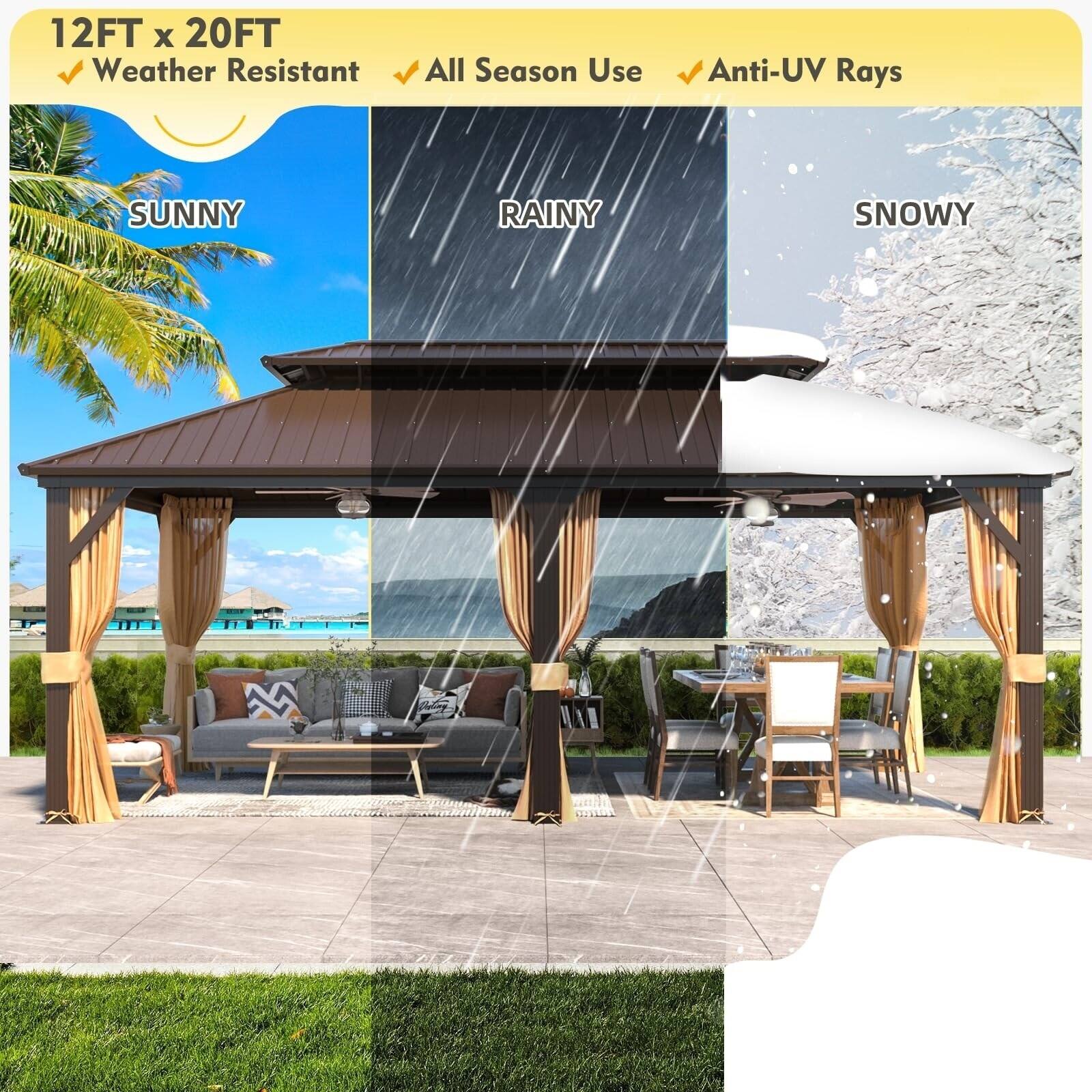 12FT x 20FT  
Weather Resistant  
All Season Use  
Anti-UV Rays  

SUNNY  
RAINY  
SNOWY