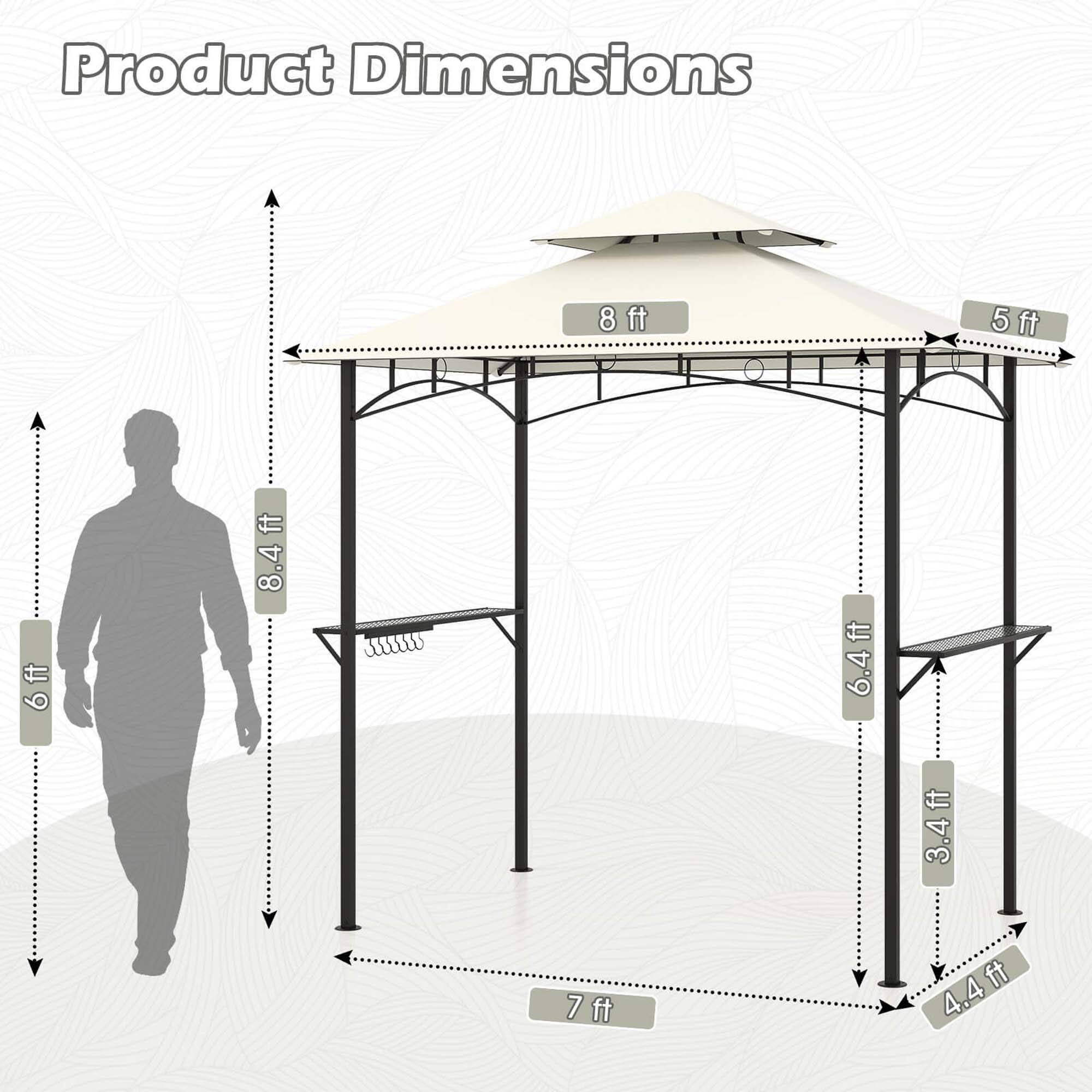Product Dimensions: 8 ft, 5 ft, 6 ft, 8.4 ft, 6.4 ft, 3.4 ft, 7 ft, 4.4 ft