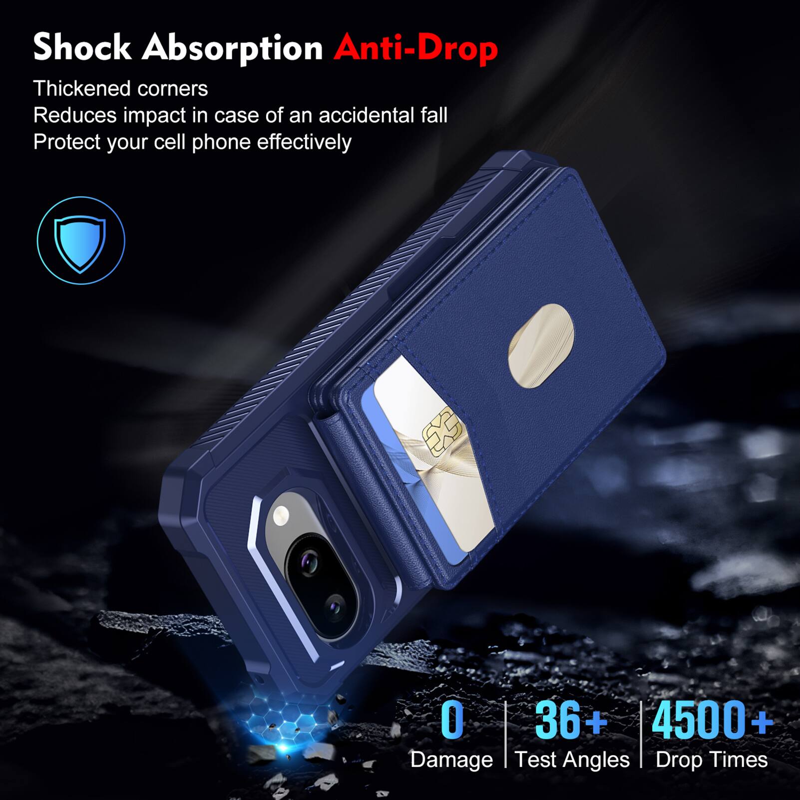 Shock Absorption Anti-Drop  
Thickened corners  
Reduces impact in case of an accidental fall  
Protect your cell phone effectively  

0 Damage  
36+ Test Angles  
4500+ Drop Times