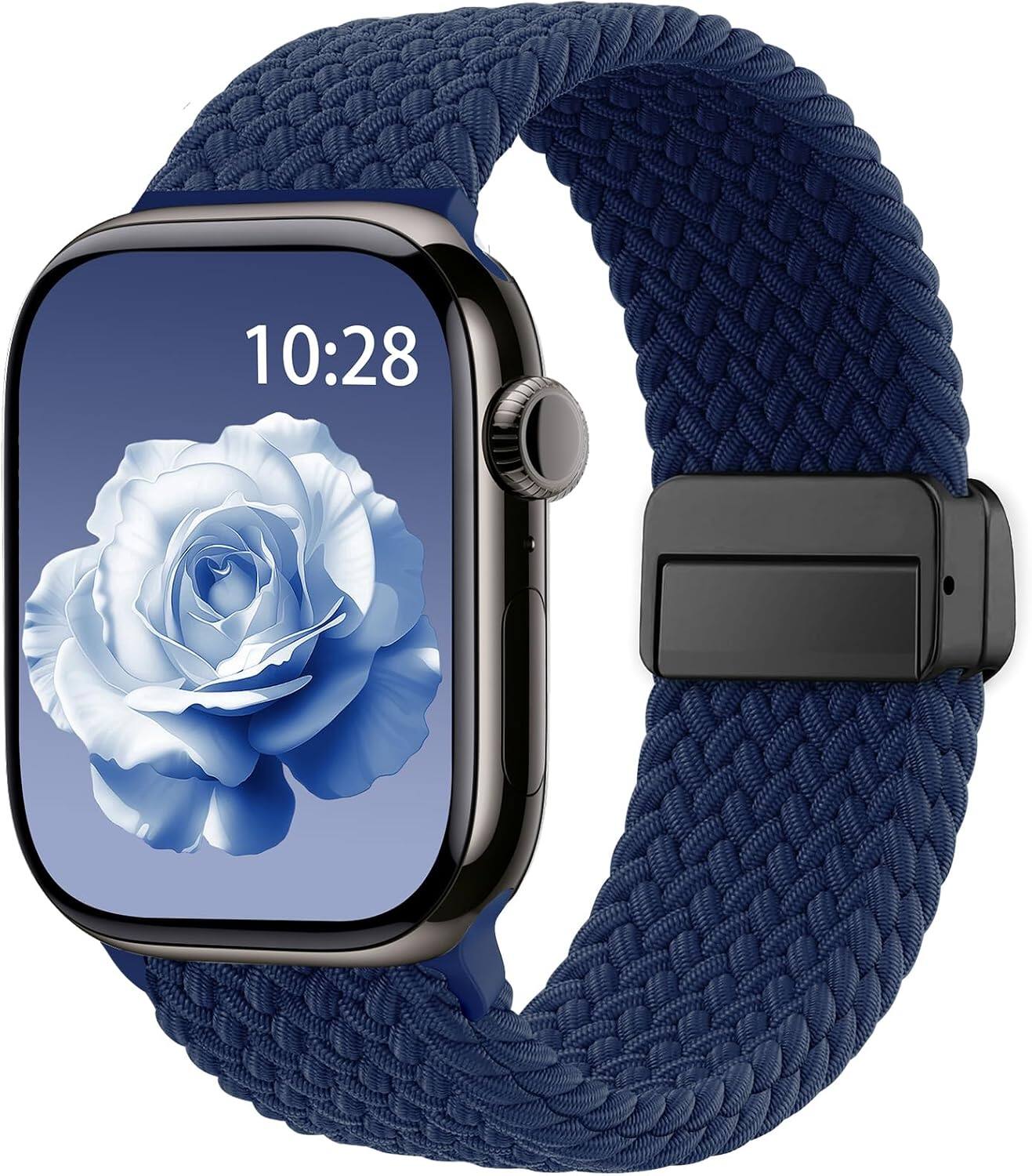 Front. Core Tech - Braided Stretchy Magnetic Watch Band for Apple Watch 44/45/46/49mm & 42mm Series 1-3 - Storm Blue.