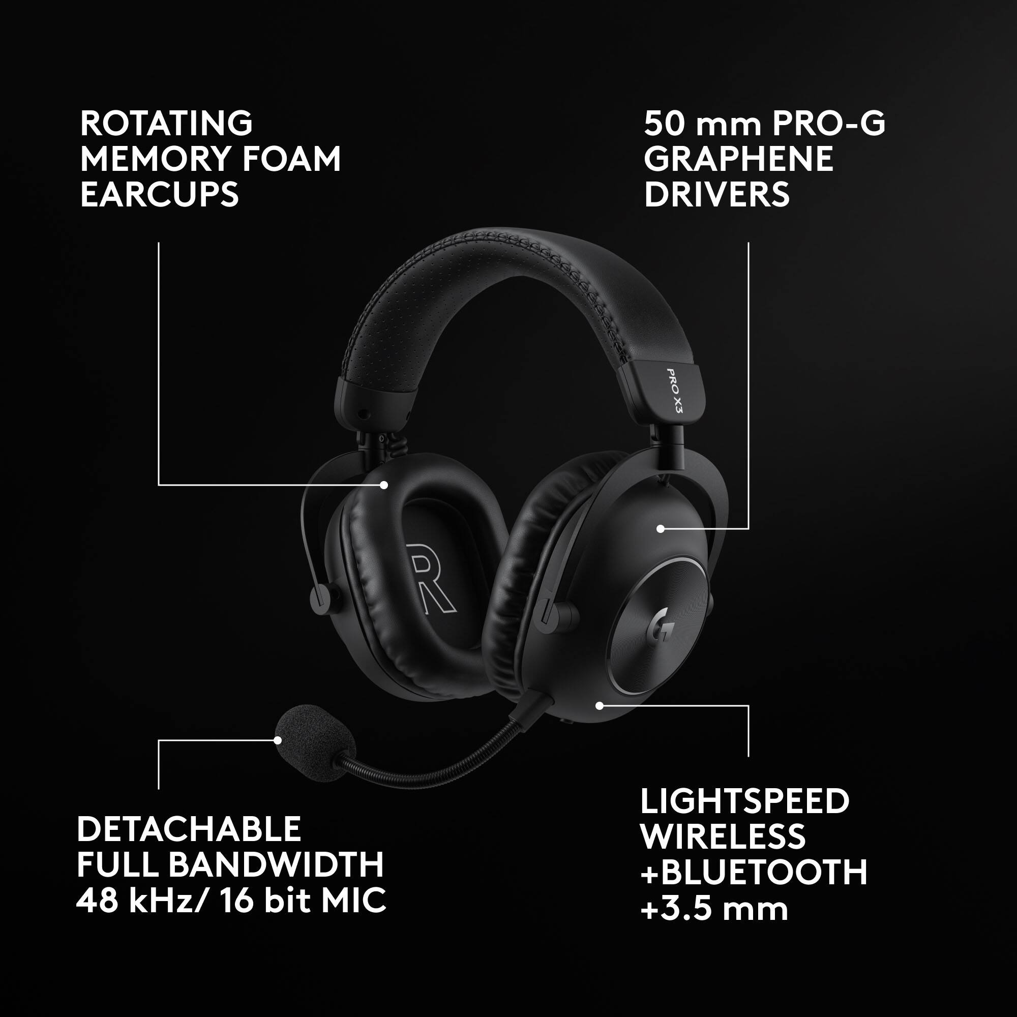 ROTATING MEMORY FOAM EARCUPS  
50 mm PRO-G GRAPHENE DRIVERS  
PRO x3  
DETACHABLE FULL BANDWIDTH 48 kHz/ 16 bit MIC  
LIGHTSPEED WIRELESS + BLUETOOTH + 3.5 mm