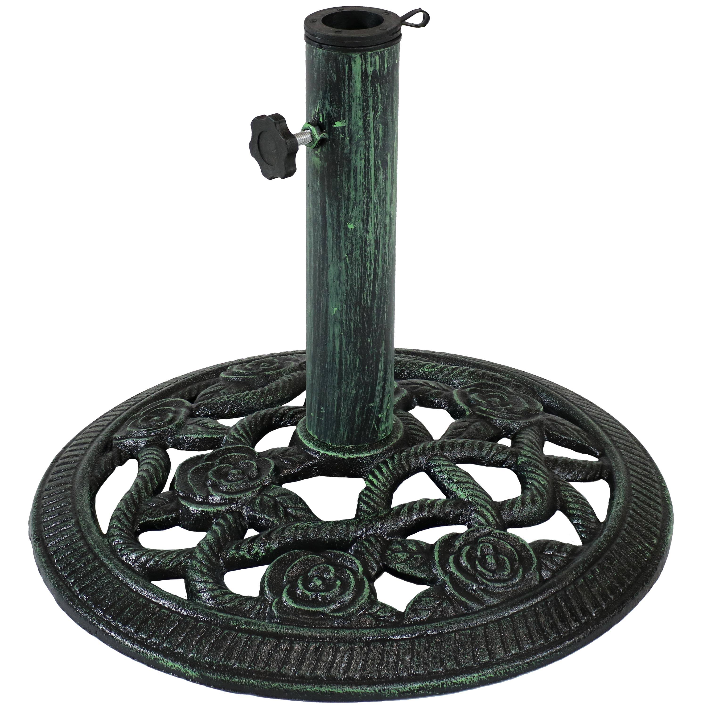 Front. Sunnydaze - 16 in Rose Blossom Cast Iron Round Patio Umbrella Base - Green.