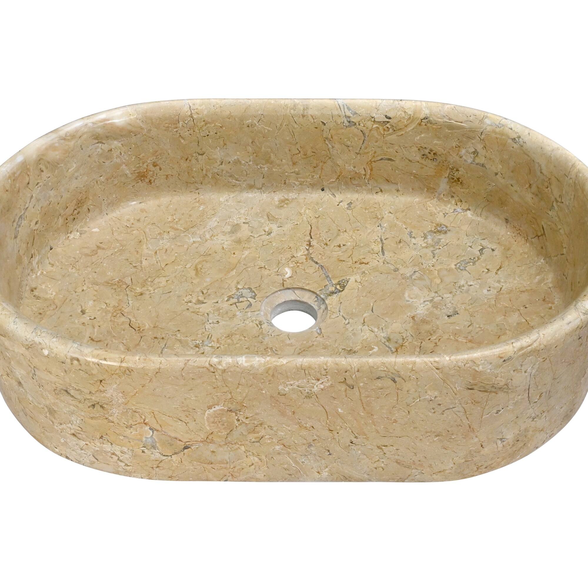 Back. ELEMENT ACE - Luxury Polished Natural Marble Bathroom Vessel Sink with Elegant Golden Veins and Spacious Oval Basin - Beige+Gold.