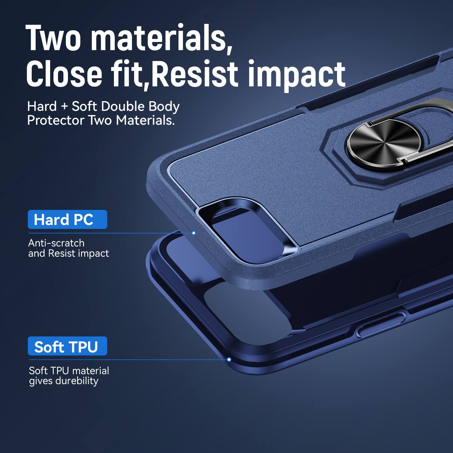 Two materials, Close fit, Resist impact  
Hard + Soft Double Body Protector Two Materials.  
Hard PC  
Anti-scratch and Resist impact  
Soft TPU  
Soft TPU material gives durability