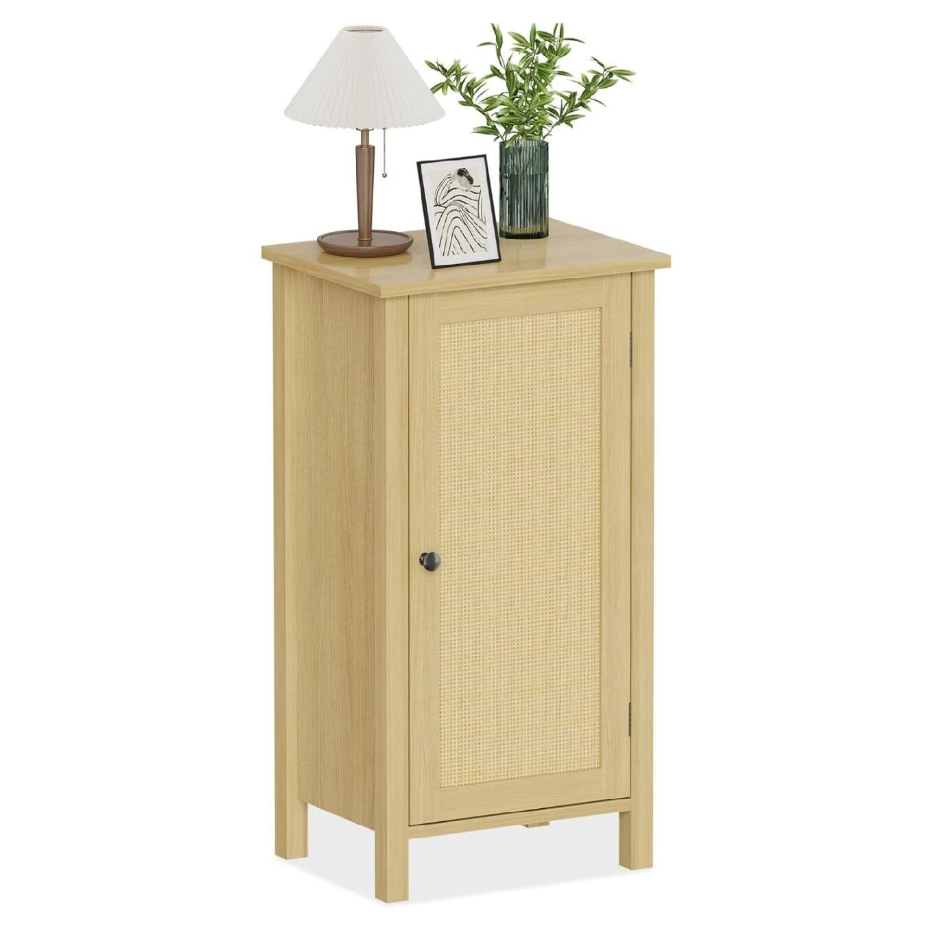 Alt View 2. GARVEE - Bamboo Storage Cabinet with Woven Rattan Door, 2-Tier Space-Saving Freestanding Organizer, Natural Color - Natural.
