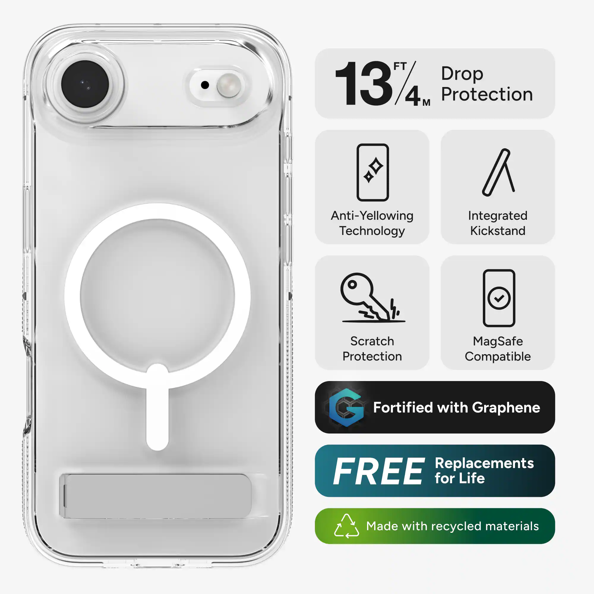 - 13 FT / 4 M Drop Protection
- Anti-Yellowing Technology
- Integrated Kickstand
- Scratch Protection
- MagSafe Compatible
- Fortified with Graphene
- FREE Replacements for Life
- Made with recycled materials