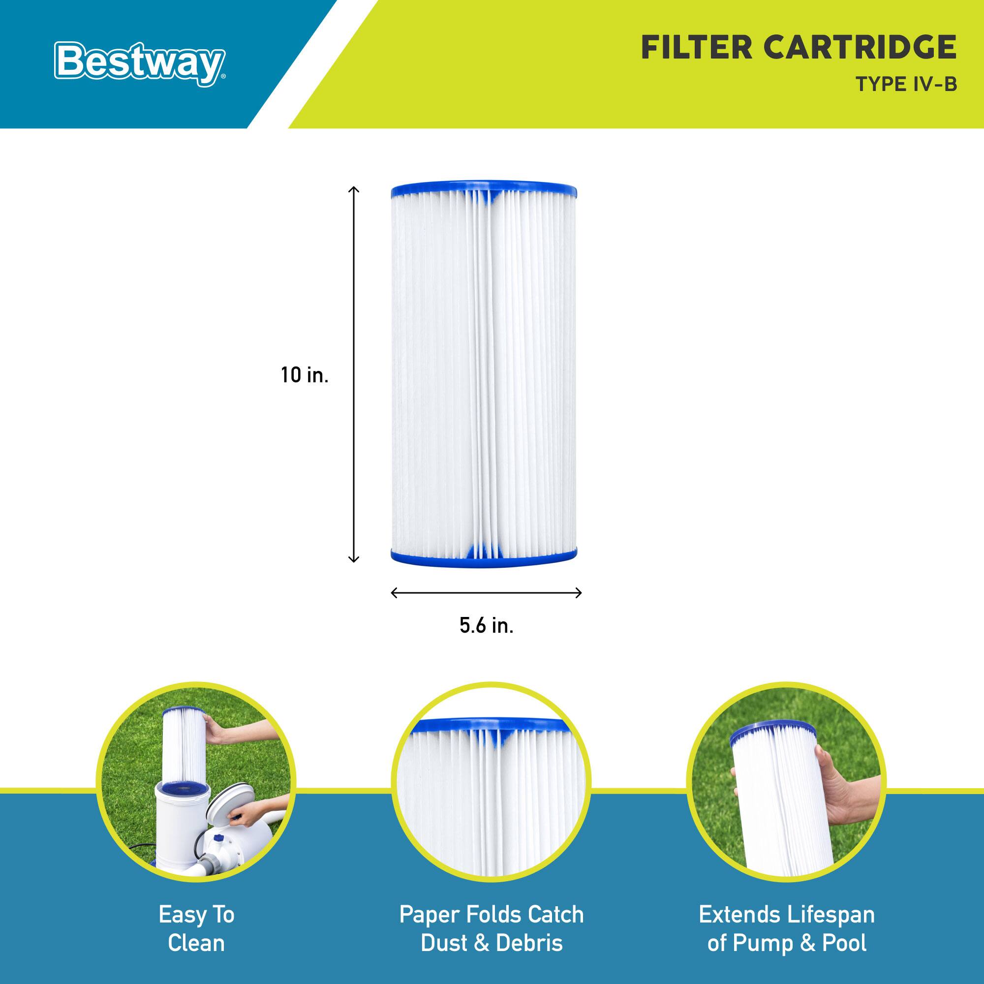 Bestway FILTER CARTRIDGE TYPE IV-B  
10 in. x 5.6 in.  
Easy To Clean  
Paper Folds Catch Dust & Debris  
Extends Lifespan of Pump & Pool