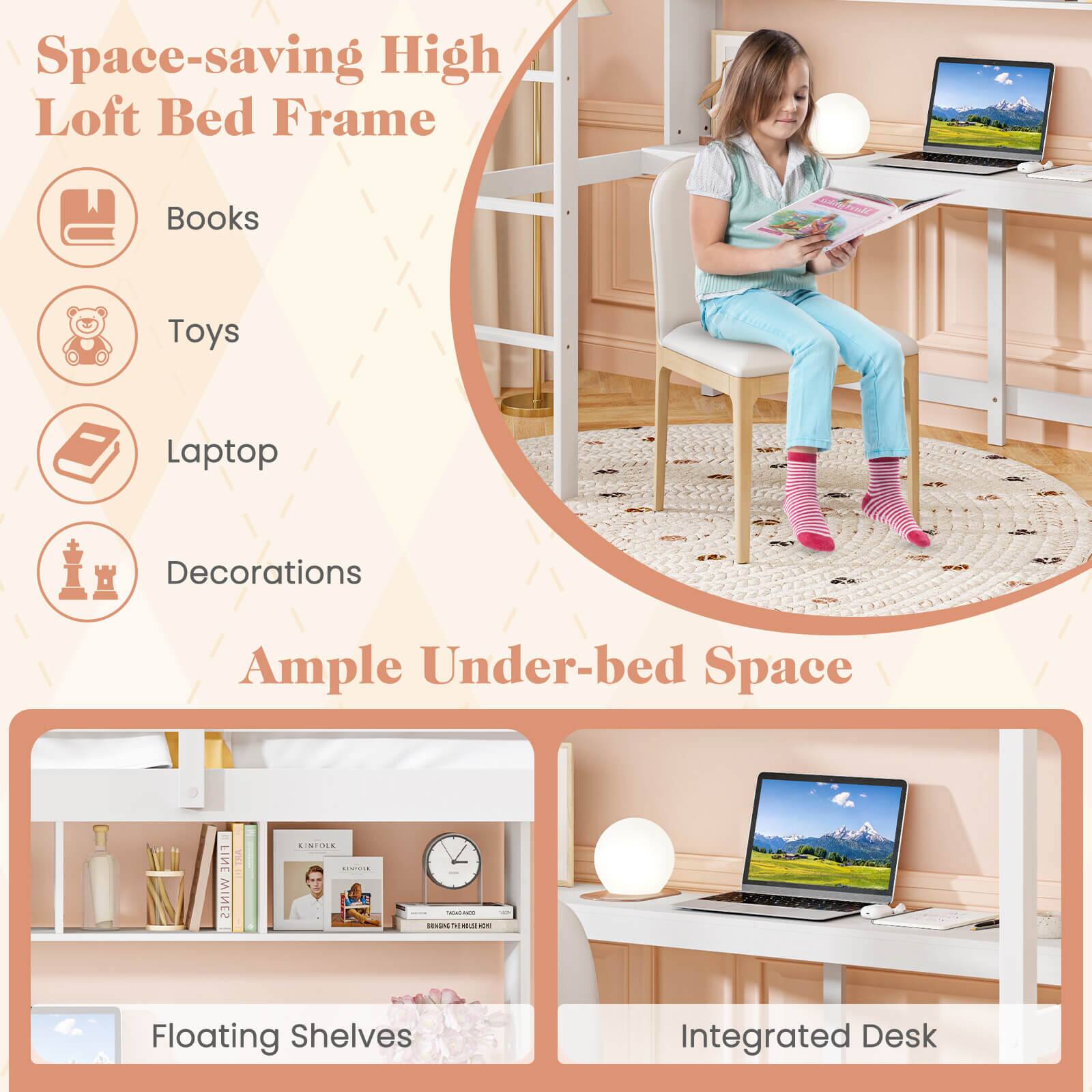 Space-saving High Loft Bed Frame Books Caal Fro Toys Laptop Decorations Ample Under-bed Space TNI WINES KINFOLE CIa.COR n-n - addas 4 Floating Shelves Integrated Desk