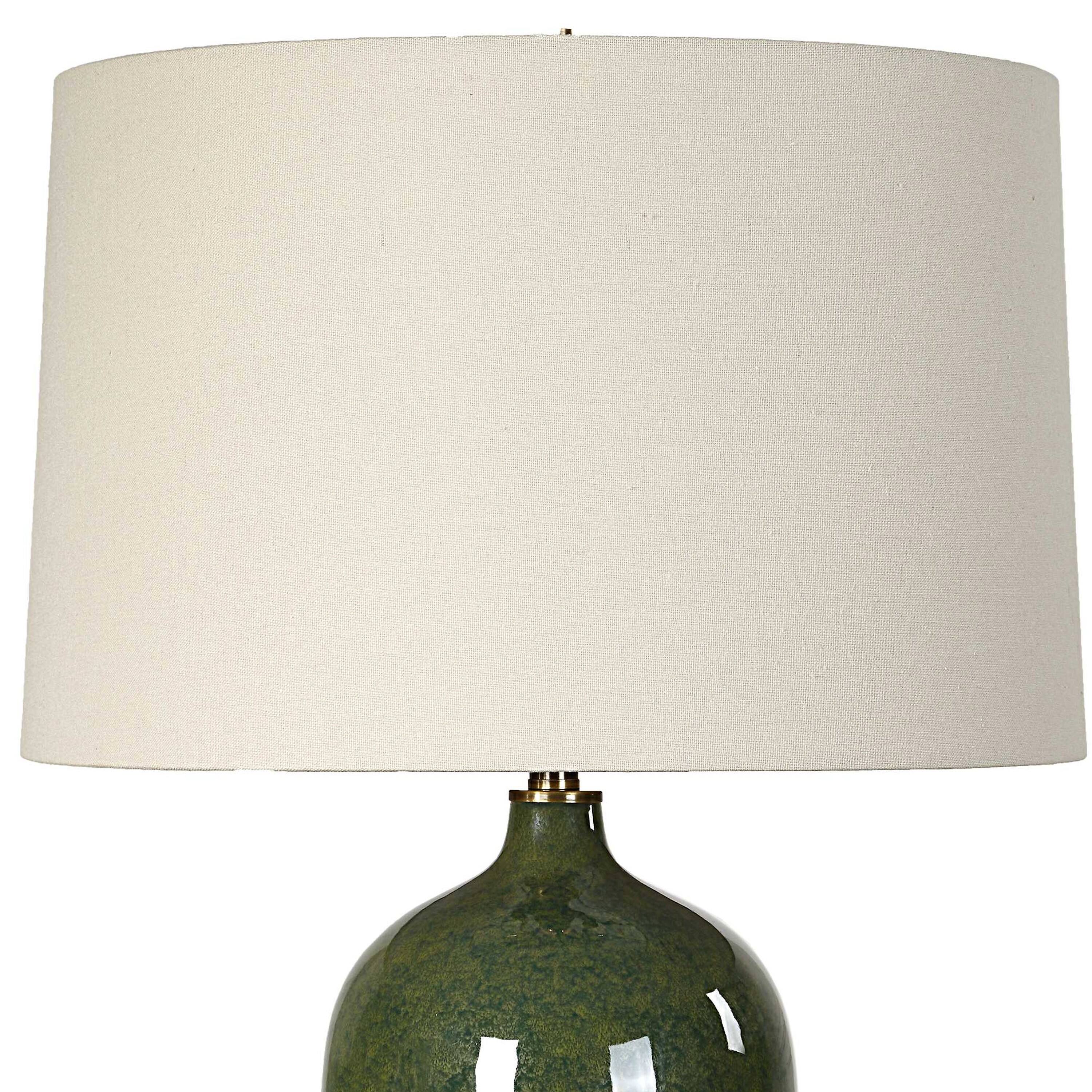 Angle. Manhattan Lane - Table Lamp, Linen Shade, Ceramic 28 Inch - Emerald Green, Beige.