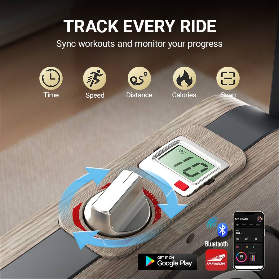 TRACK EVERY RIDE  
Sync workouts and monitor your progress  
Time Speed Distance Calories  

SPD 0  

MY STATE 234  

Bluetooth  

GET IT ON Google Play  

HRISON 25