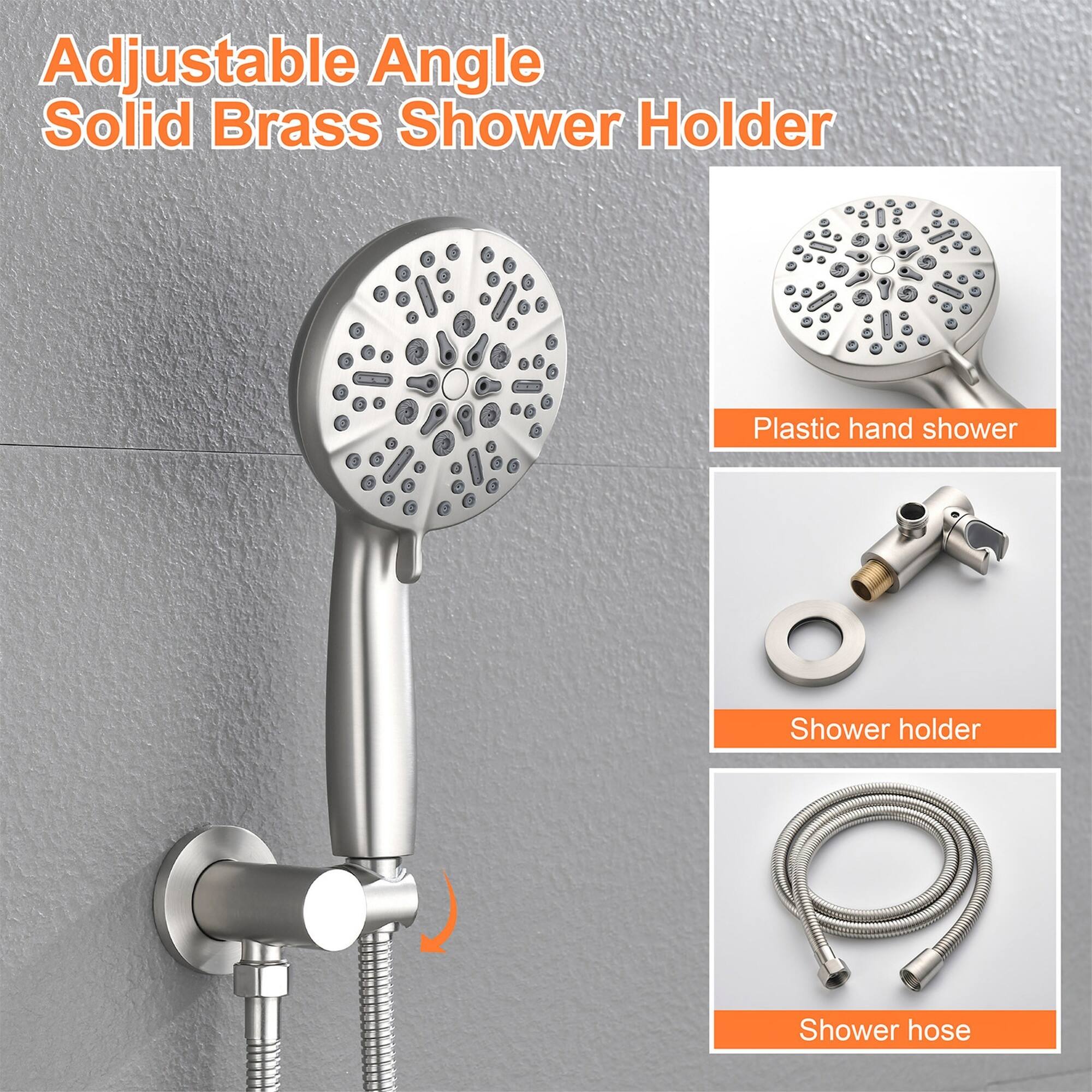 Adjustable Angle Solid Brass Shower Holder

- Plastic hand shower
- Shower holder
- Shower hose