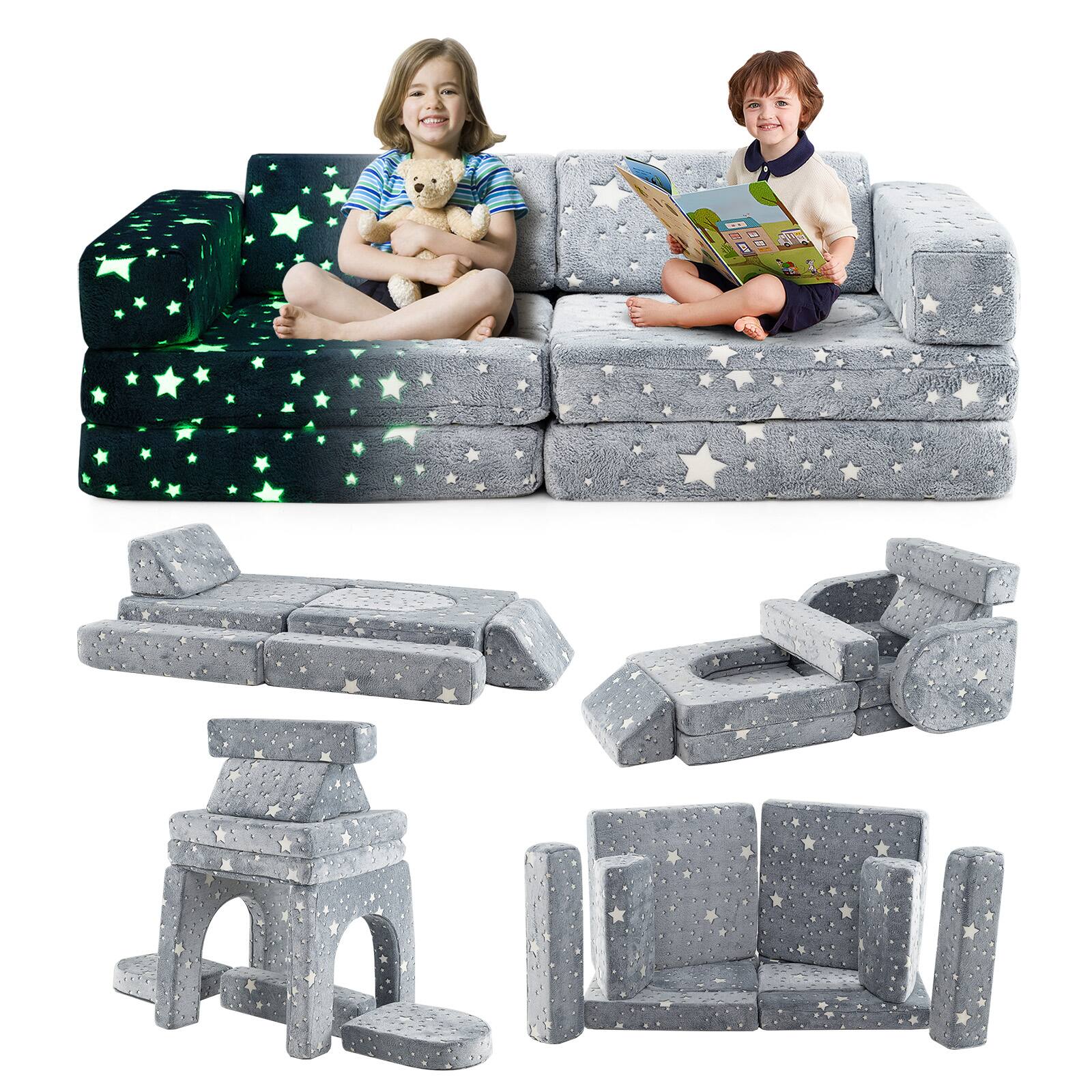 Gymax - 10 Pcs Modular Kids Play Couch Sectional Sofa Glow in the Dark Floor Cushion - Gray