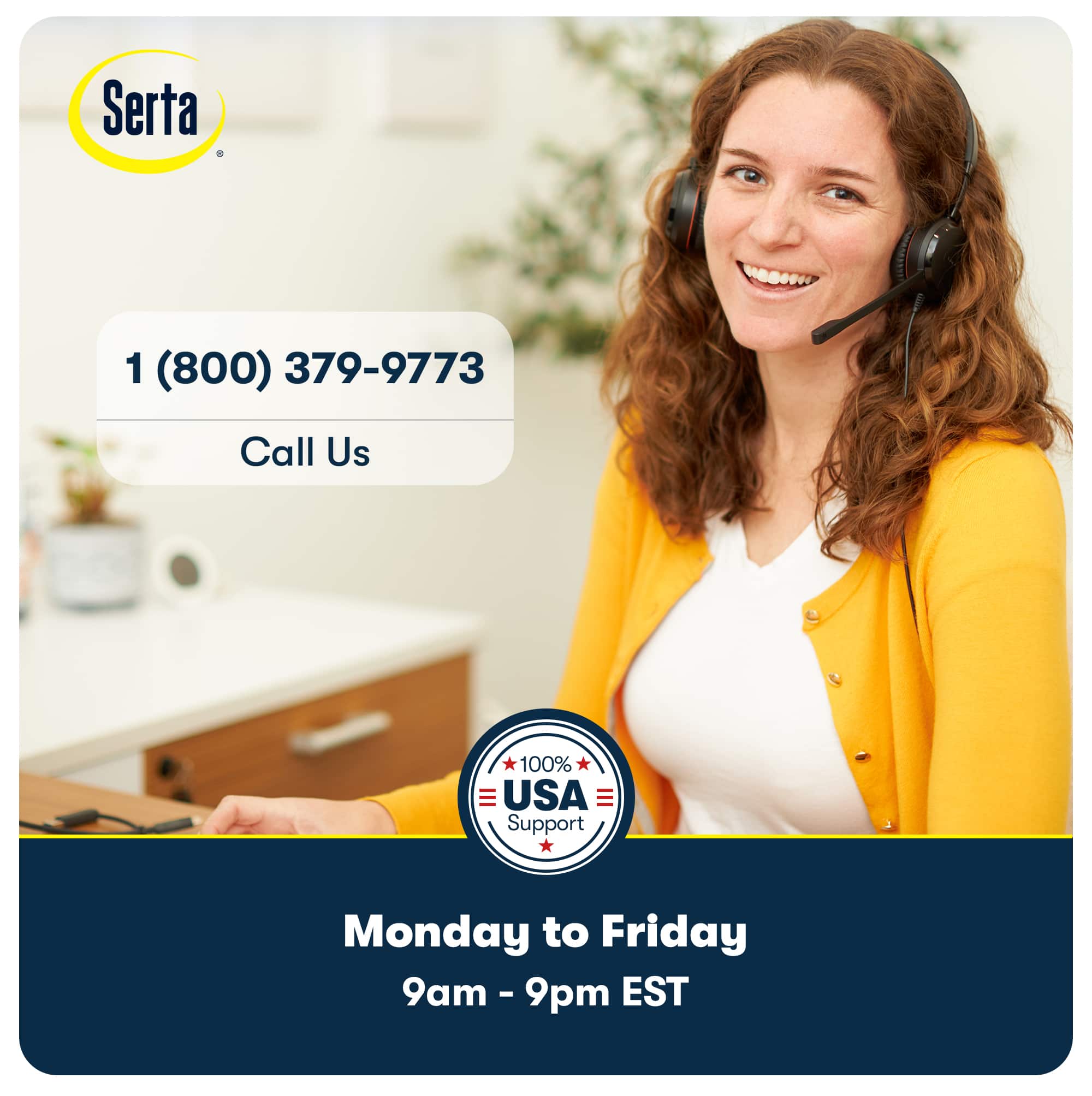 The image features a woman wearing a yellow sweater and a headset, smiling and looking at the camera. She is sitting at a desk with a keyboard and a potted plant nearby. The woman appears to be a customer service representative, possibly working for Serta. The image is promoting their customer support, which is available Monday to Friday from 9 am to 9 pm EST. The phone number to reach them is 1-800-379-9773.