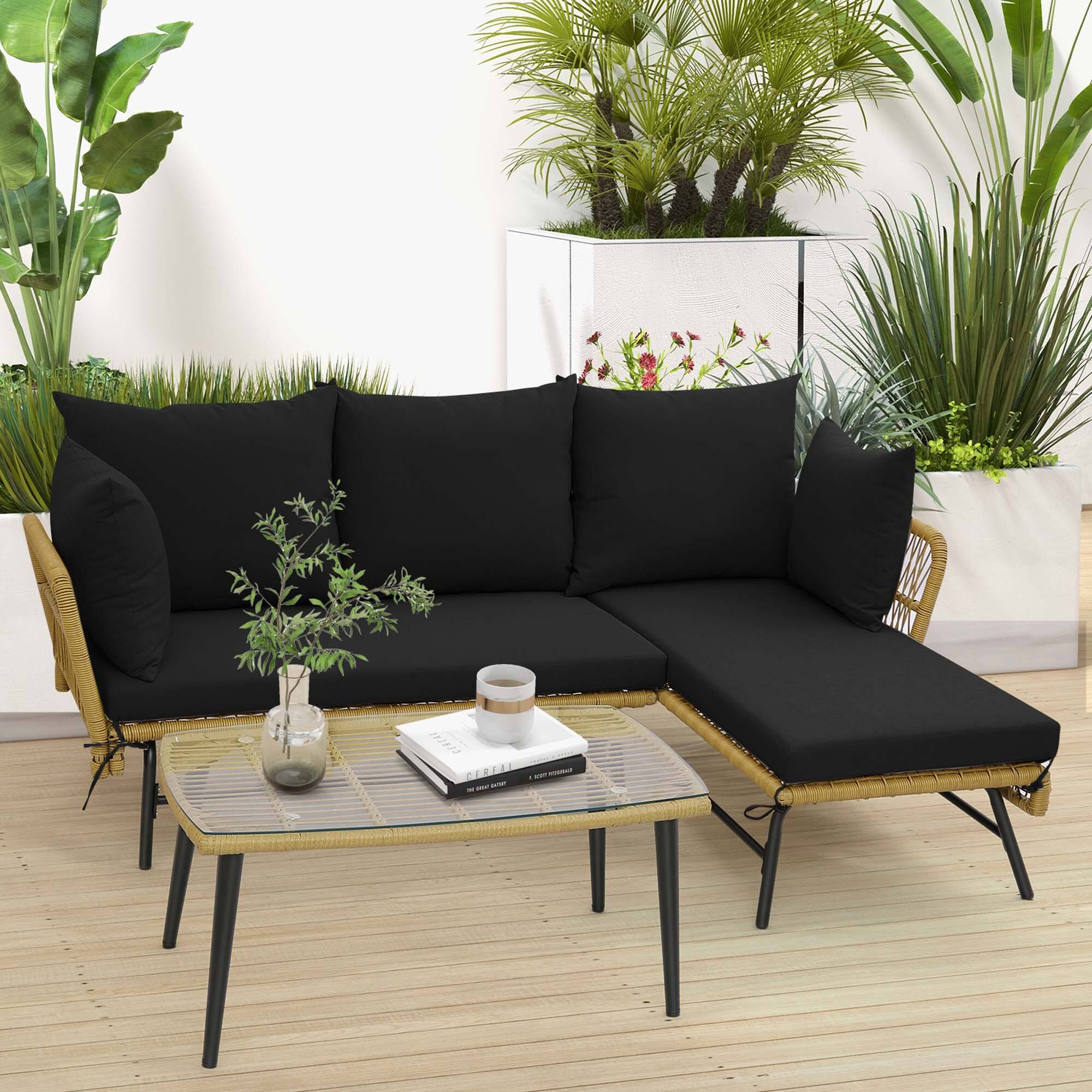 Alt View 1. Costway - Costway 3 PCS L-Shaped Patio Sofa Set Conversation Furniture with Cushions Deck Garden black - Khaki/Black.