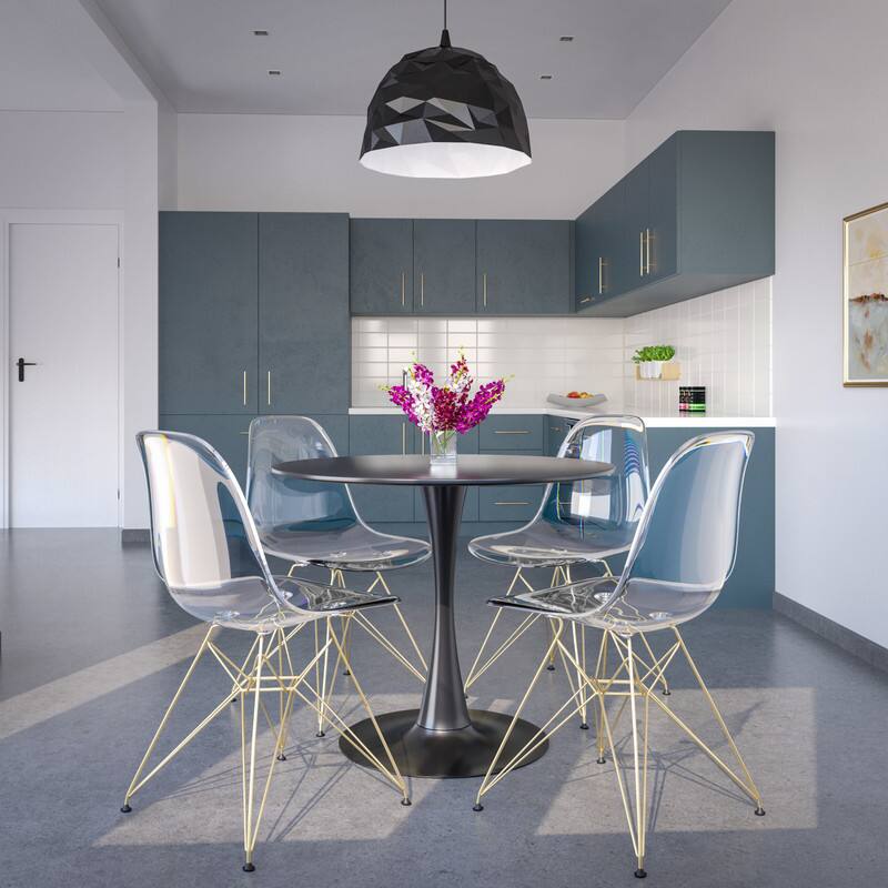 Angle. LeisureMod - Cresco 4-Pieces Modern Acrylic Dining Chair with Ergonomic Seat and Gold Eiffel Base for Indoor Outdoor - Clear.