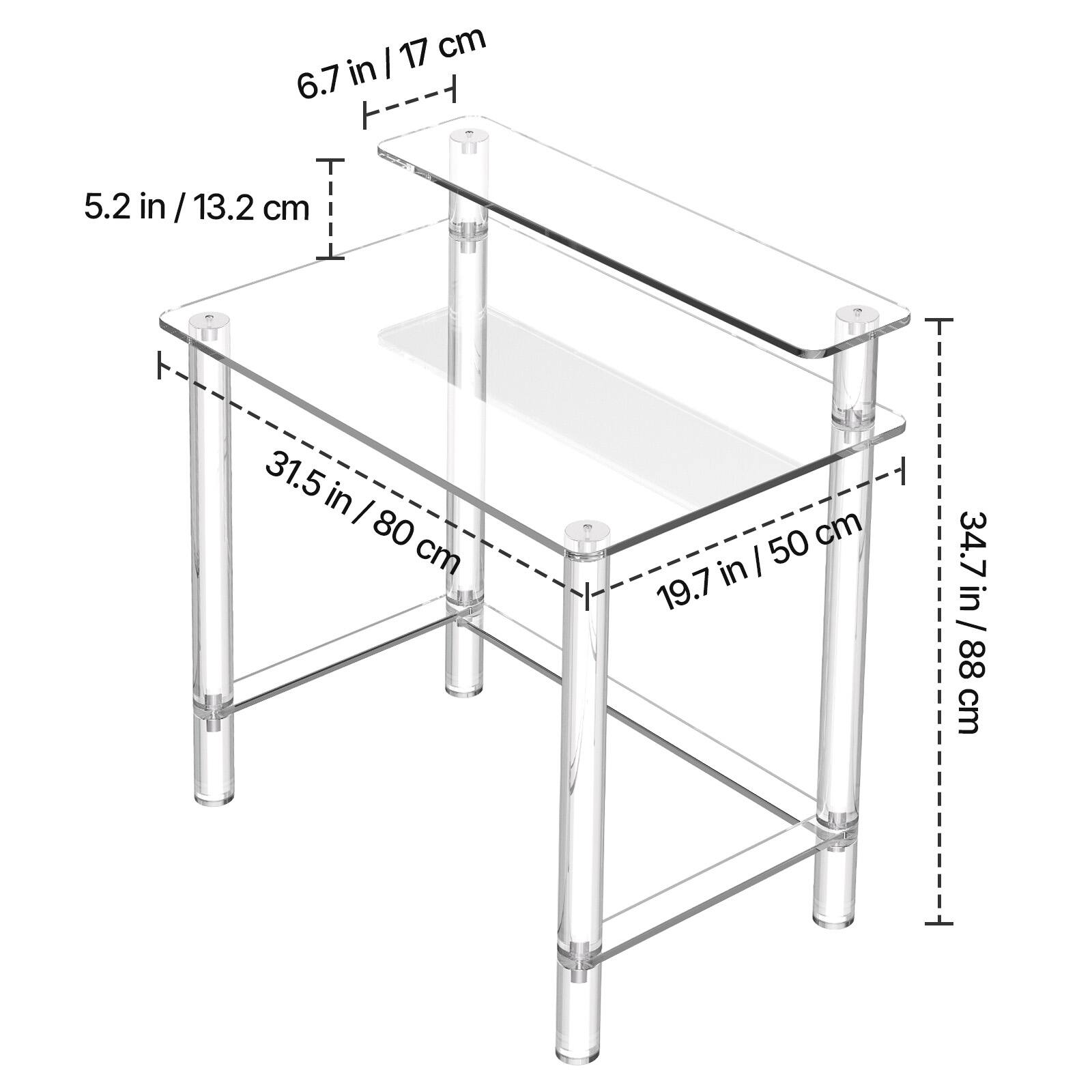 6.7 in / 17 cm  
5.2 in / 13.2 cm  
31.5 in / 80 cm  
19.7 in / 50 cm  
34.7 in / 88 cm