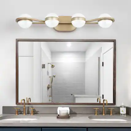 Front. LUCKY ONE - 28in Wall Mount LED Vanity Light, 4-Light Gold Bathroom Fixture with Crystal Sand Acrylic Shades - Gold.