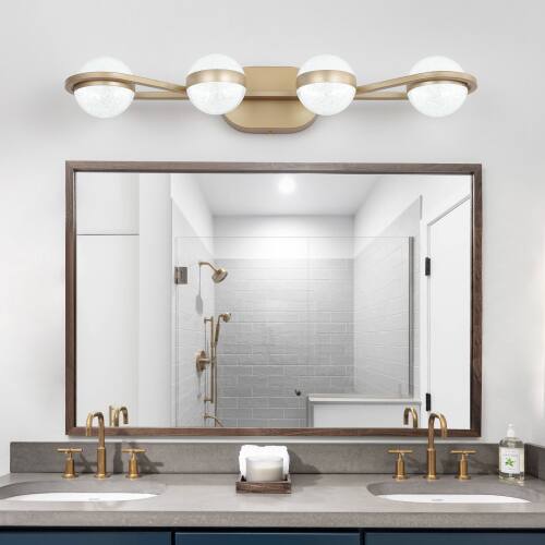 Front. LUCKY ONE - 28in Wall Mount LED Vanity Light, 4-Light Gold Bathroom Fixture with Crystal Sand Acrylic Shades - Gold.