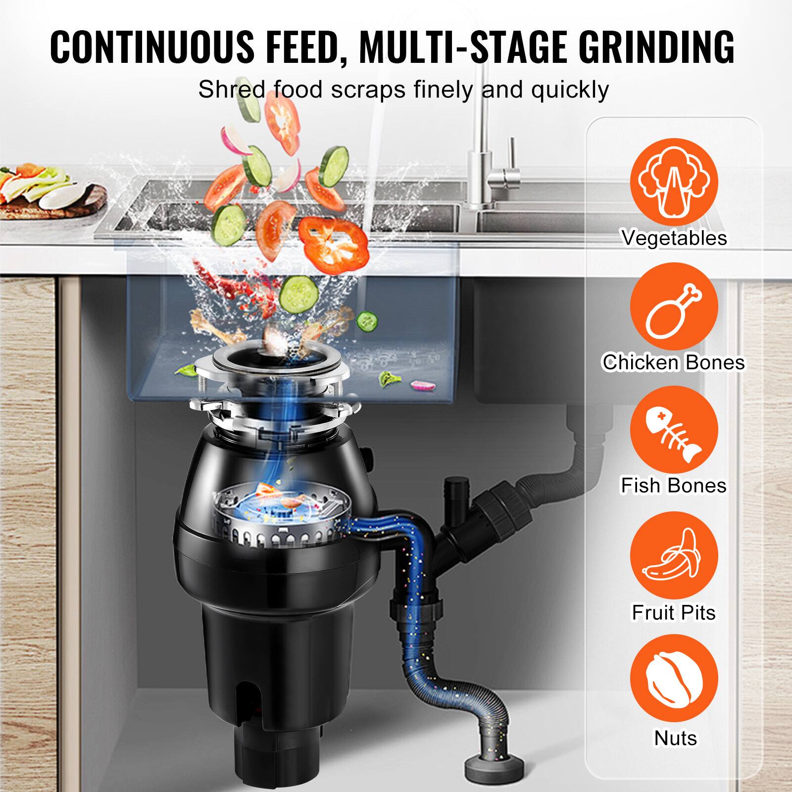 CONTINUOUS FEED, MULTI-STAGE GRINDING  
Shred food scraps finely and quickly  
Vegetables  
Chicken Bones  
Fish Bones  
Fruit Pits  
Nuts
