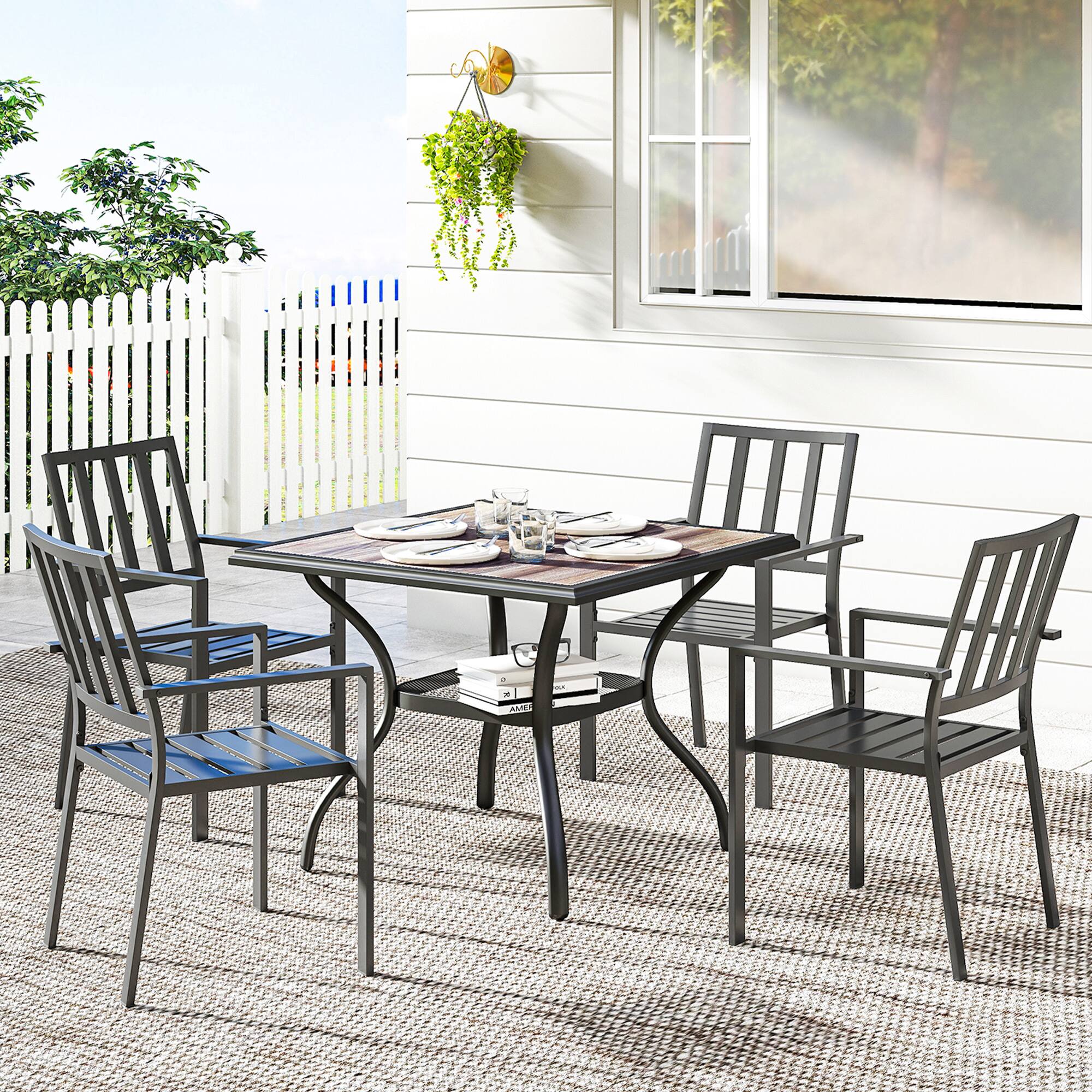 Alt View 1. Outsunny - Square Outdoor Dining Table for 4, Patio Table with Umbrella Hole, Shelf, Faux Wood Top for Garden - Gray.