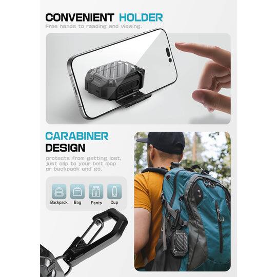 **CONVENIENT HOLDER**  
Free hands to reading and viewing.

**CARABINER DESIGN**  
Protects from getting lost, or back to loop or backpack and go.

- Backpack
- Bag
- Pants
- Cup