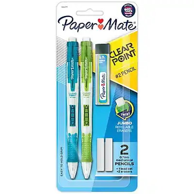 Paper Mate
CLEAR POINT #2 PENCIL
TWIST JUMBO REFILLABLE ERASERS
2 0.7mm mechanical PENCILS
1 lead set