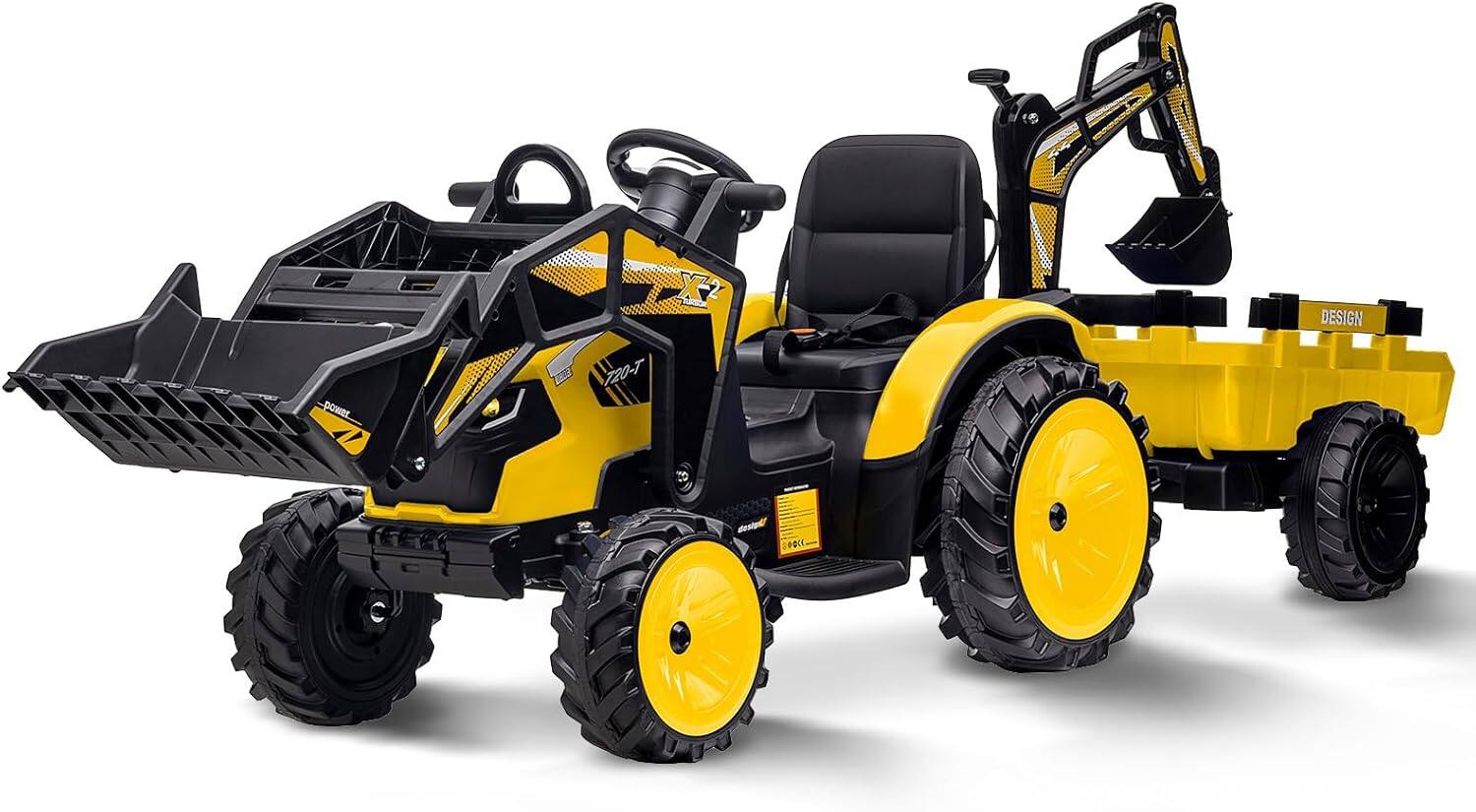 Jojoka - 24V 3-in-1 Ride On Tractor, Bulldozer, Excavator with Remote, Dual 80W Motors, EVA Tires, USB - Yellow