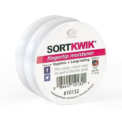 SORT KWIK®  
fingertip moistener  
Hygienic • Long-lasting  
Made in USA  
The easy, clean way to get a better grip  
Net Wt. 1 oz.  
#10132  
Lee Products Co.  
Bloomington, MN  
Avoid contact with eyes.  
Follow us:  
[Facebook icon] [Twitter icon]  
Lee Products Co.  
84417 10132 55420 0