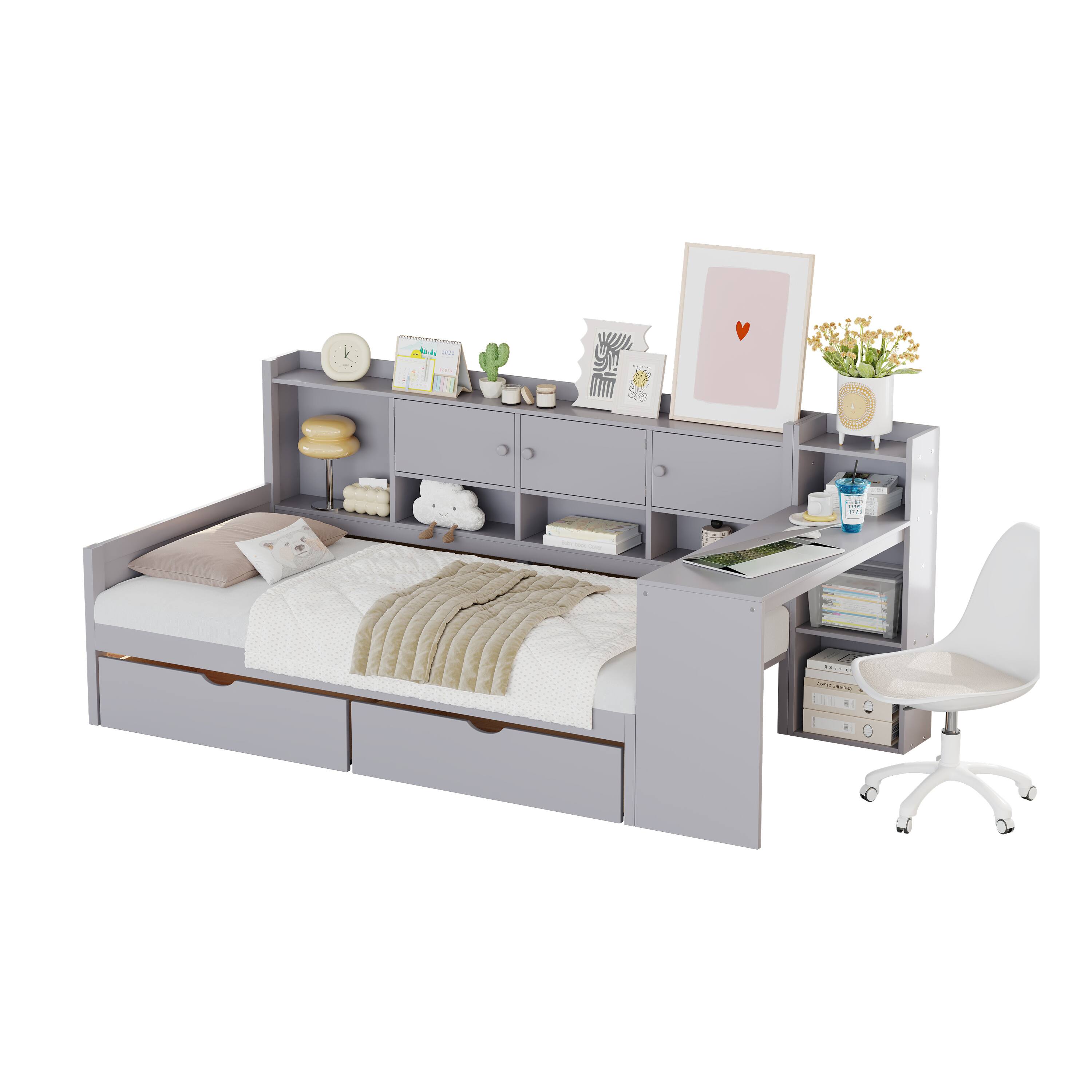 Alt View 1. TinyHomie - Twin Size Daybed with Storage 3 Cabinets 2 Drawers Wooden L-Shape Daybed Frame with Study Desk and Built-in Bookshelf - Gray.