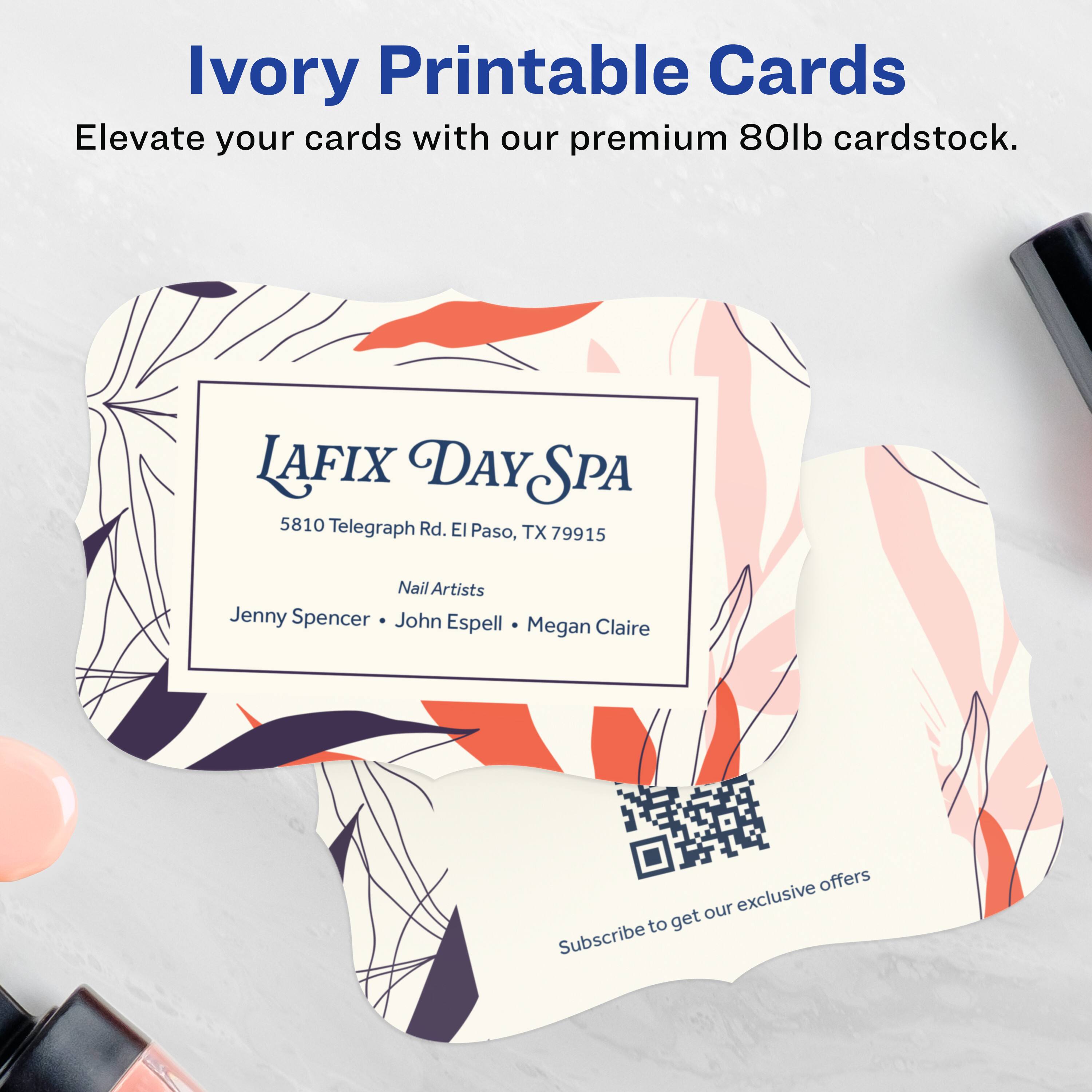 Ivory Printable Cards  
Elevate your cards with our premium 80lb cardstock.

LAFIX DAY SPA  
5810 Telegraph Rd. El Paso, TX 79915  
Nail Artists  
Jenny Spencer • John Espell • Megan Claire

Subscribe to get our exclusive offers