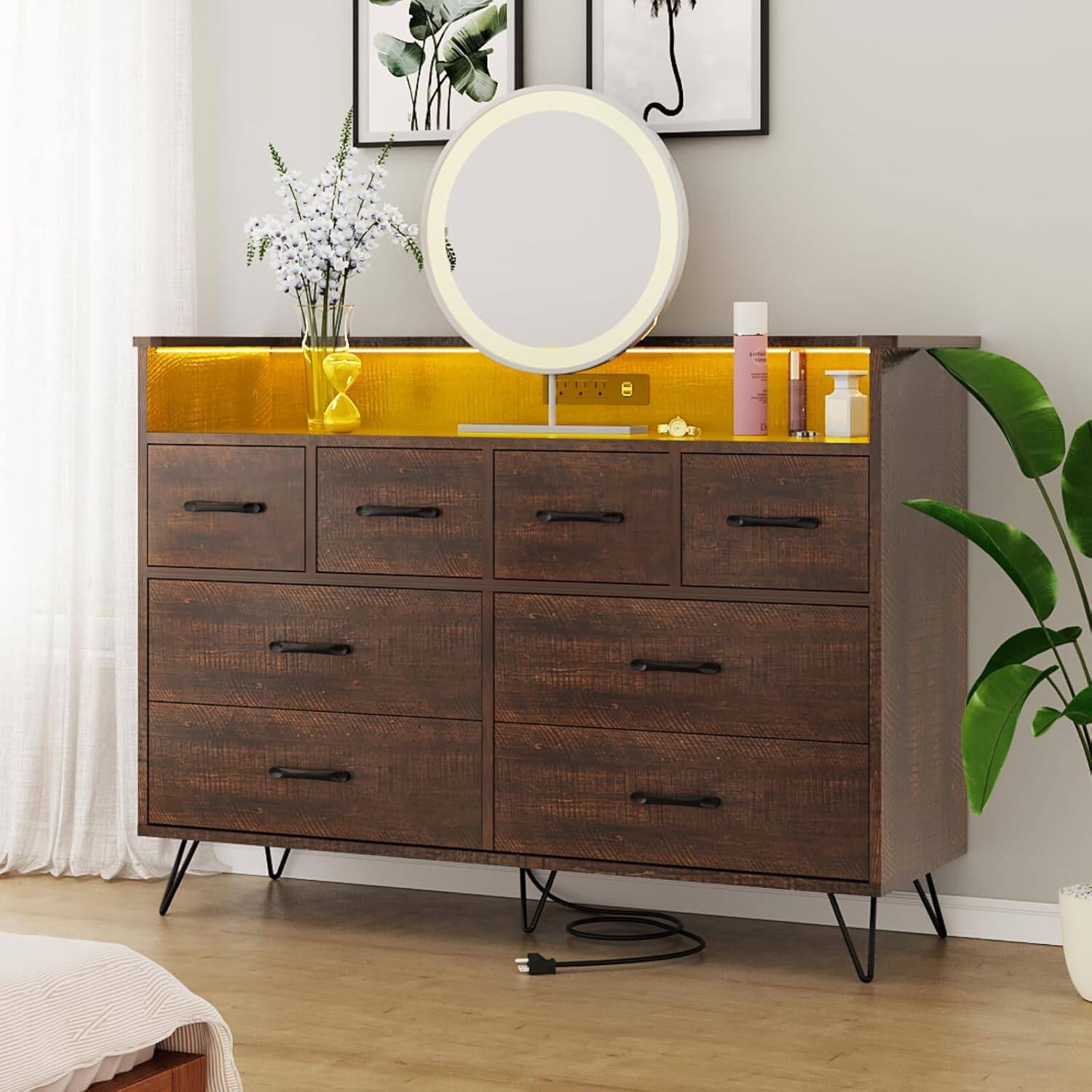 Alt View 4. GARVEE - 8 Drawer Modern Dresser, Wide Chest with Storage Drawers for Bedroom, Gaming Setup or Makeup Vanity - Antique Dark Color.