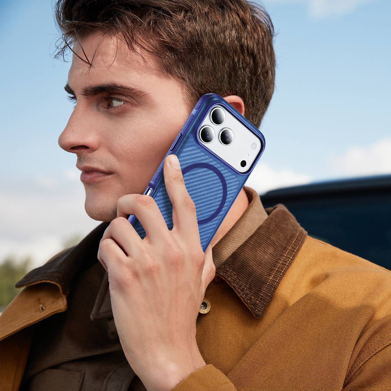 Alt View 4. Equipd - Case for iPhone 17 Pro 6.3", MagSafe Compatible, Grip Bumper Shockproof Protection Carbon Fiber Texture Phone Cover - Blue.