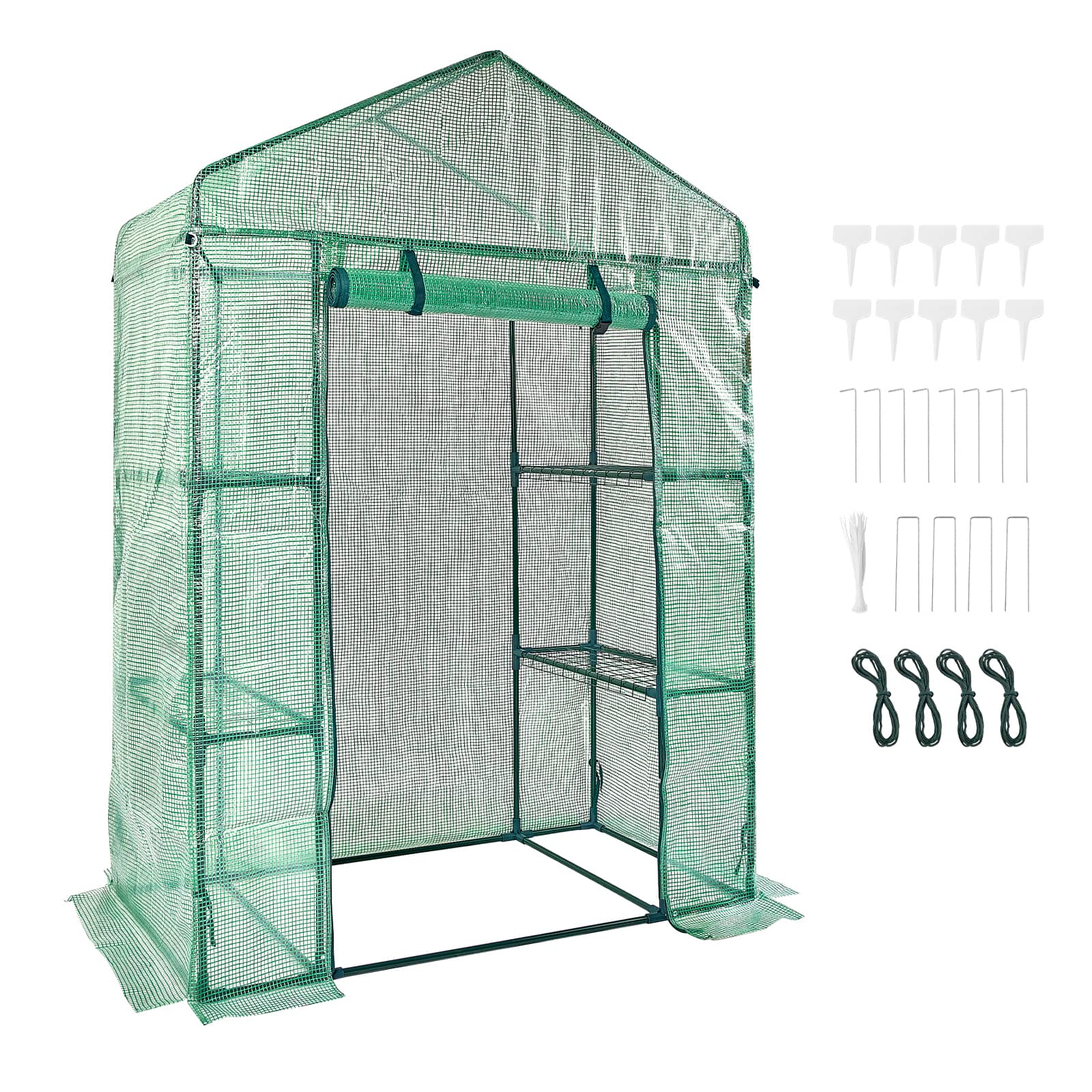 VEVOR - Walk-in House, 4.6 x 2.4 x 6.7 ft, Greenhouse with Shelves, High Strength PE Cover with Doors,Windows,Steel Frame - Green