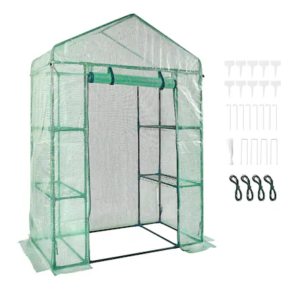 Front. VEVOR - Walk-in Green House, 4.6 x 2.4 x 6.7 ft, Greenhouse with Shelves, High Strength PE Cover with Doors,Windows,Steel Frame - Green.