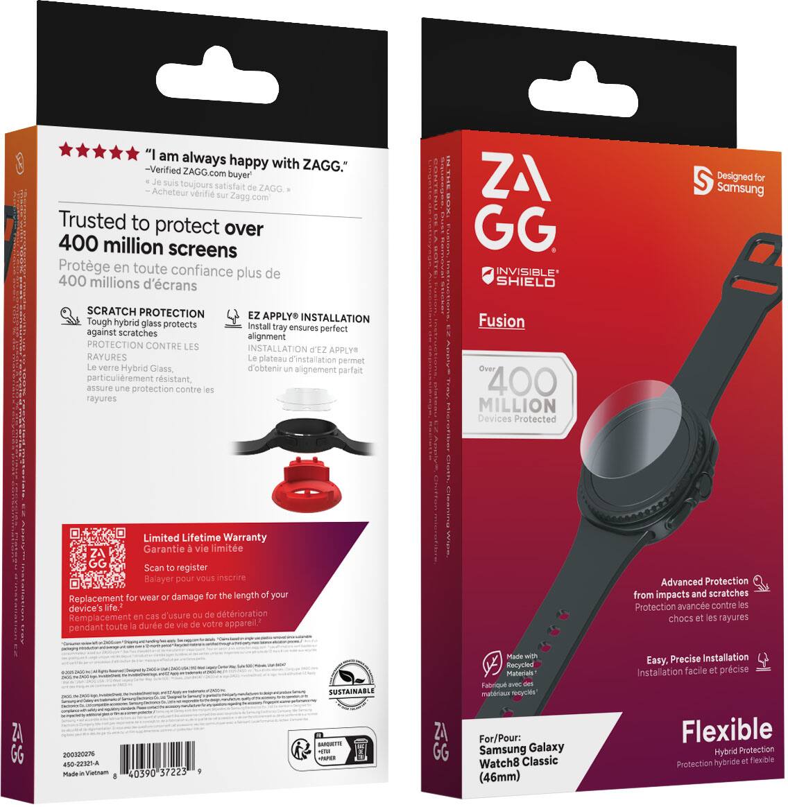 "I am always happy with ZAGG."  
-Verified ZAGG buyer

Je Suis toujours satisfait de ZAGG  
Acheteur vérifié sur Zagg.com

Trusted to protect over 400 million screens  
Protégé en toute confiance plus de 400 millions d'écrans

SCRATCH PROTECTION  
Tough hybrid glass protects against scratches  
PROTECTION CONTRE LES RAYURES  
Le verre Hybrid Glass particulièrement résistant assure une protection contre les rayures

EZ APPLY INSTALLATION  
Install tray ensures perfect alignment  
INSTALLATION d'EZ APPLY  
Le plateau d'installation permet d'obtenir un alignement parfait

Limited Lifetime Warranty  
Garantie à vie limitée  
Scan to register  
Balayer pour vous inscrire  
Replacement for wear or damage for the length of your device's life.  
Remplacement en cas d'usure ou de détérioration pendant toute la durée de vie de votre appareil.

Advanced Protection from impacts and scratches  
Protection avancée contre les chocs et les rayures

Easy, Precise Installation  
Installation facile et précise

Flexible  
Hybrid Protection  
Protection hybride et flexible

For/Sur:  
