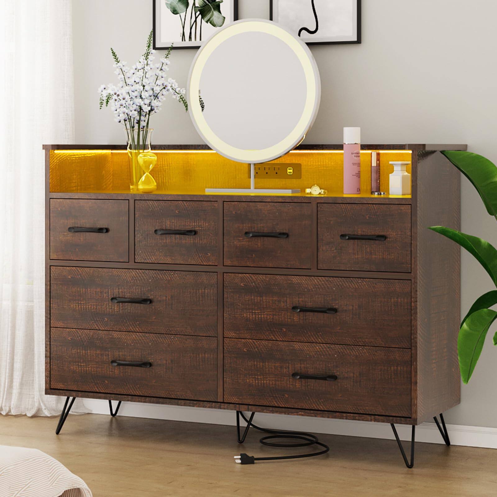 Front. Babevy - 8-Drawer LED Dresser with Charging Station & Adjustable RGB Lights – Modern Storage Solution - Brown.