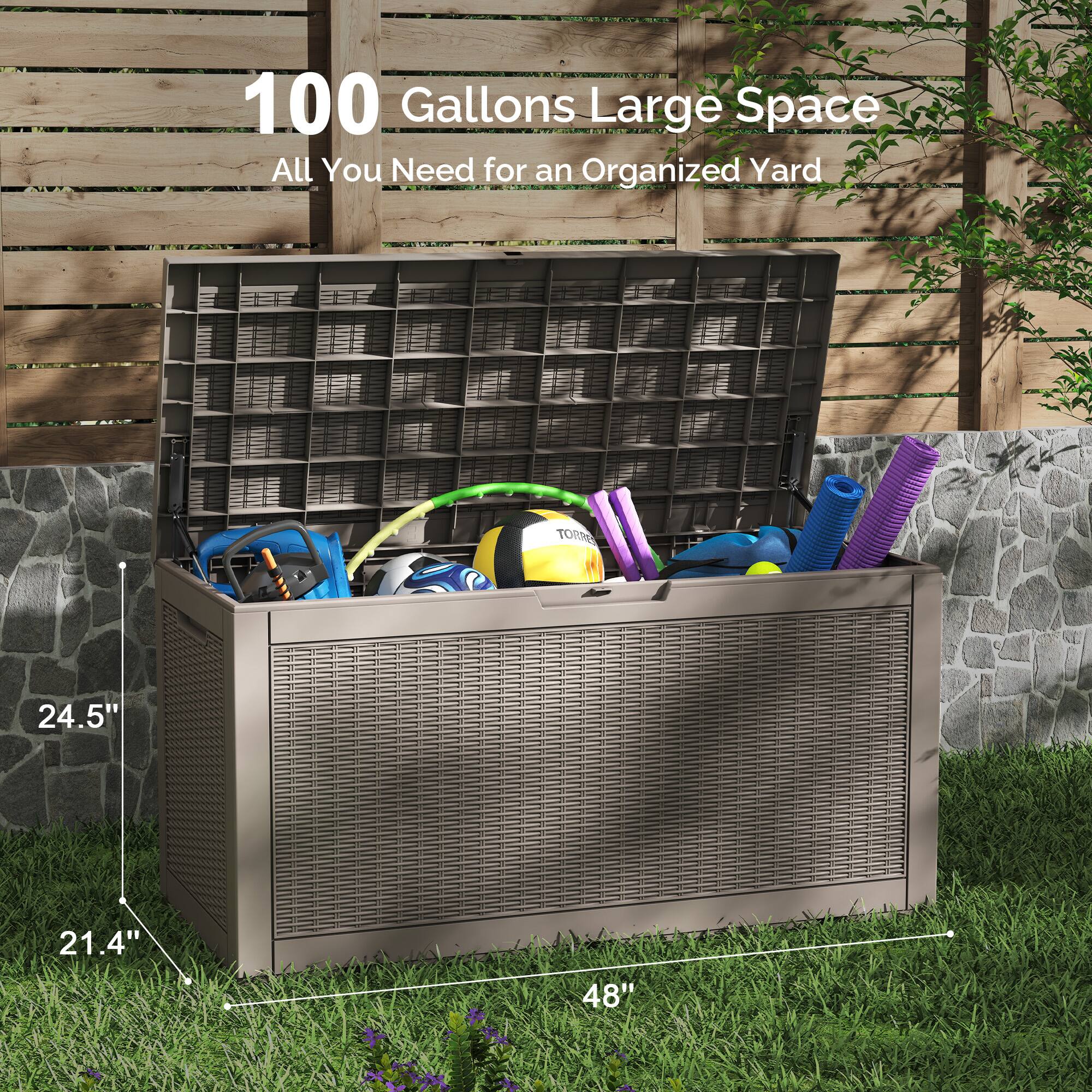 100 Gallons Large Space  
All You Need for an Organized Yard  

24.5"  
21.4"  
48"
