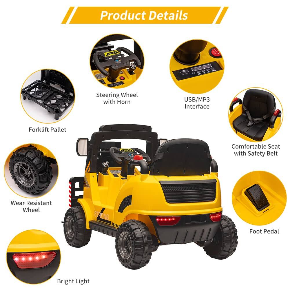 Product Details

- Forklift Pallet
- Steering Wheel with Horn
- USB/MP3 Interface
- Comfortable Seat with Safety Belt
- Wear Resistant Wheel
- STRONG Foot Pedal
- Bright Light