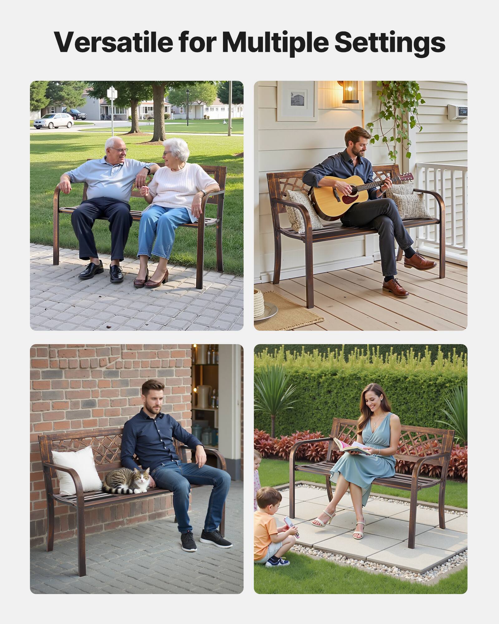 Versatile for Multiple Settings

- Two elderly people sitting on a bench in a park.
- A man playing a guitar on a bench on a porch.
- A man sitting on a bench with a cat.
- A woman reading a book on a bench with a child nearby.