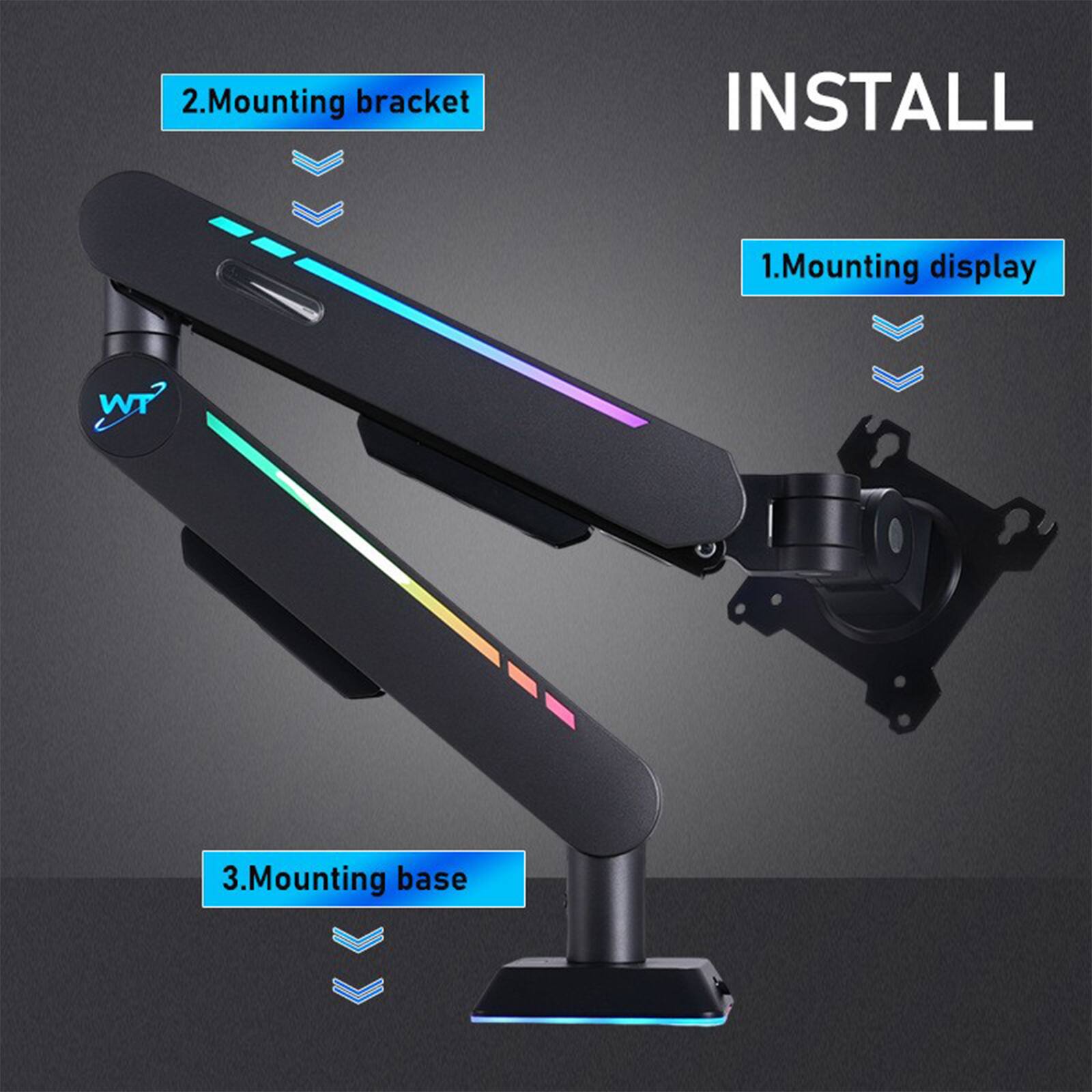1. Mounting display  
2. Mounting bracket  
3. Mounting base  

INSTALL