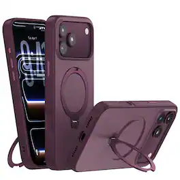Dteck - Shockproof Frosted Phone Case for Apple iPhone 17 Pro Max, Magnetic Hybrid Protective Cover with 360 Ring Kickstand - Winered