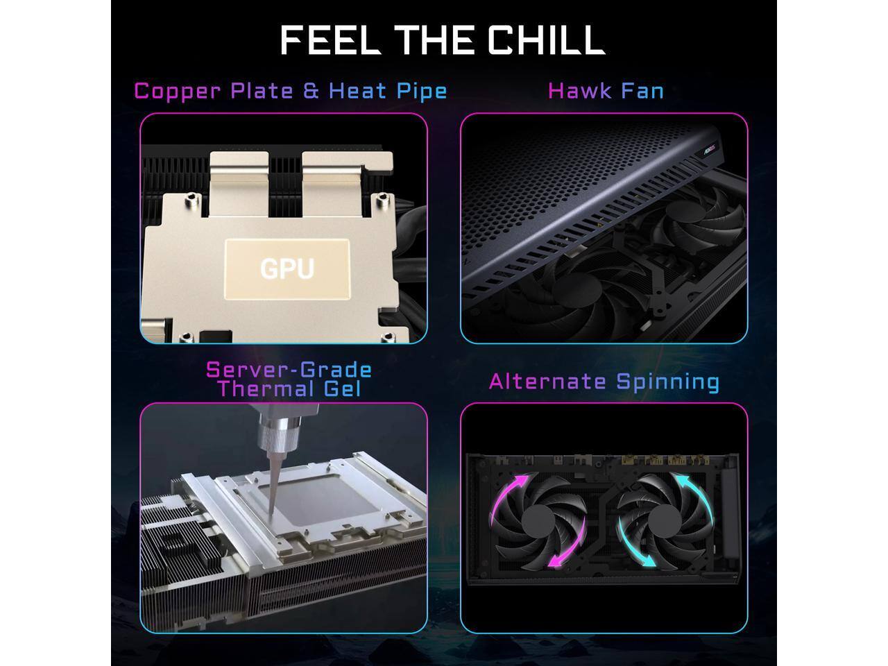 FEEL THE CHILL

- Copper Plate & Heat Pipe
- Hawk Fan
- Server-Grade Thermal Gel
- Alternate Spinning