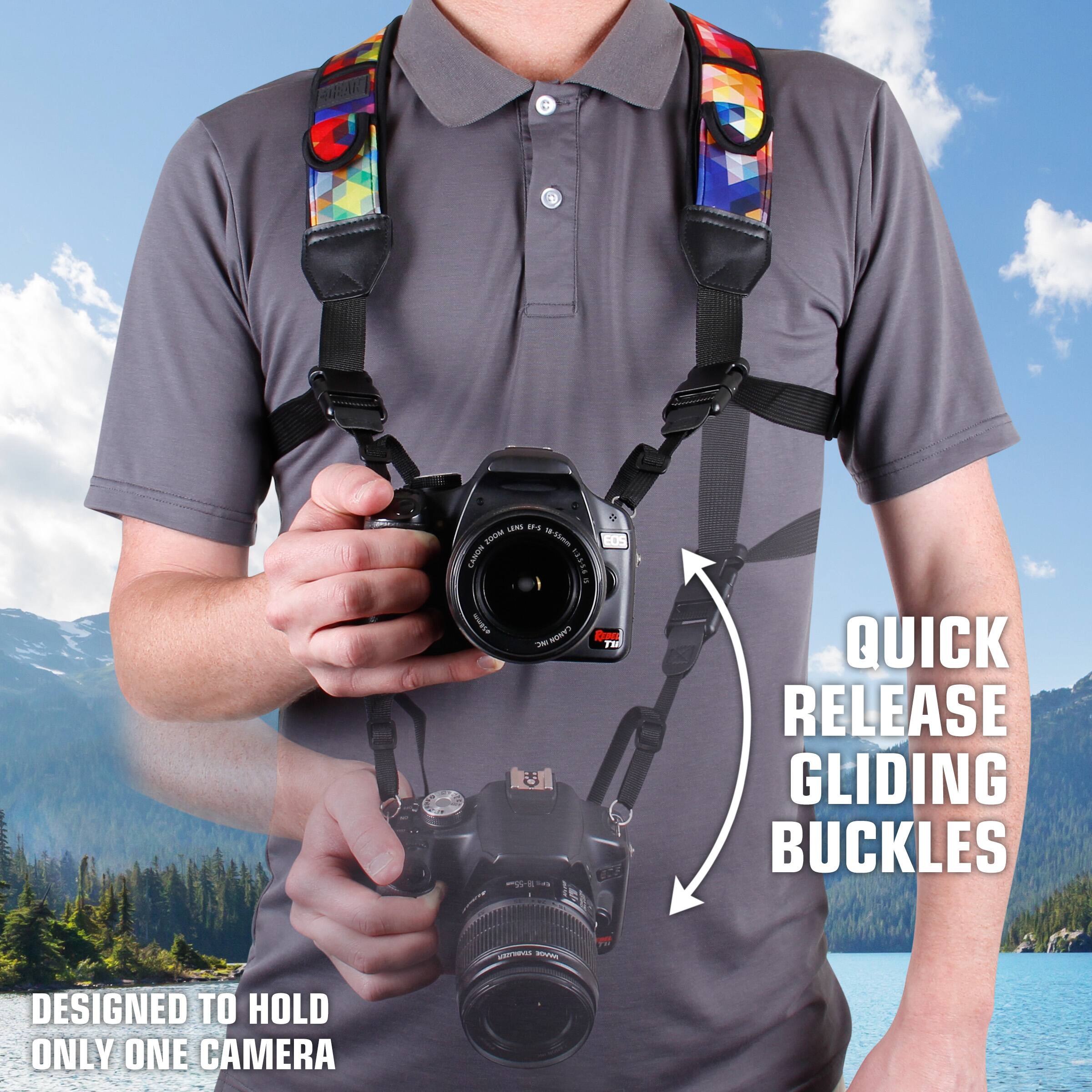 LENS 04 200M H-550m CANON 133.50.16 SA WERLD CANON REDER 201 THE 18-55 50

QUICK RELEASE GLIDING BUCKLES

MENTUROS JOHN

YET

DESIGNED TO HOLD ONLY ONE CAMERA