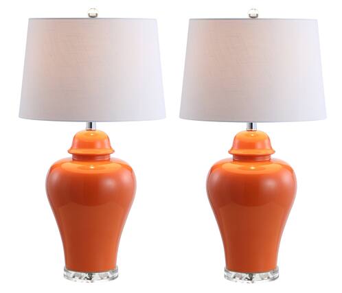 Front. Jonathan Y - Winnie 27" Ceramic Urn LED Table Lamp, Orange (Set of 2) - Orange.