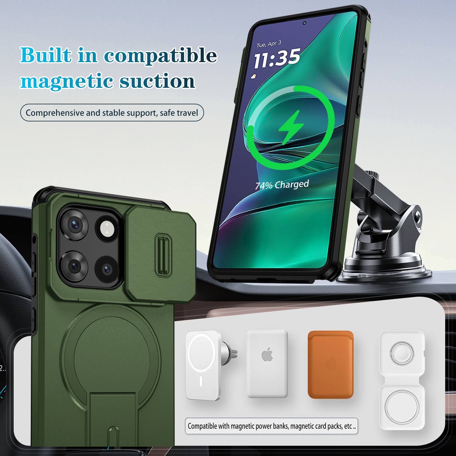 Apr 3 Tue. Built in compatible magnetic suction Comprehensive and stable support, safe travel 74% Charged. Compatible with magnetic power banks, magnetic card packs, etc.