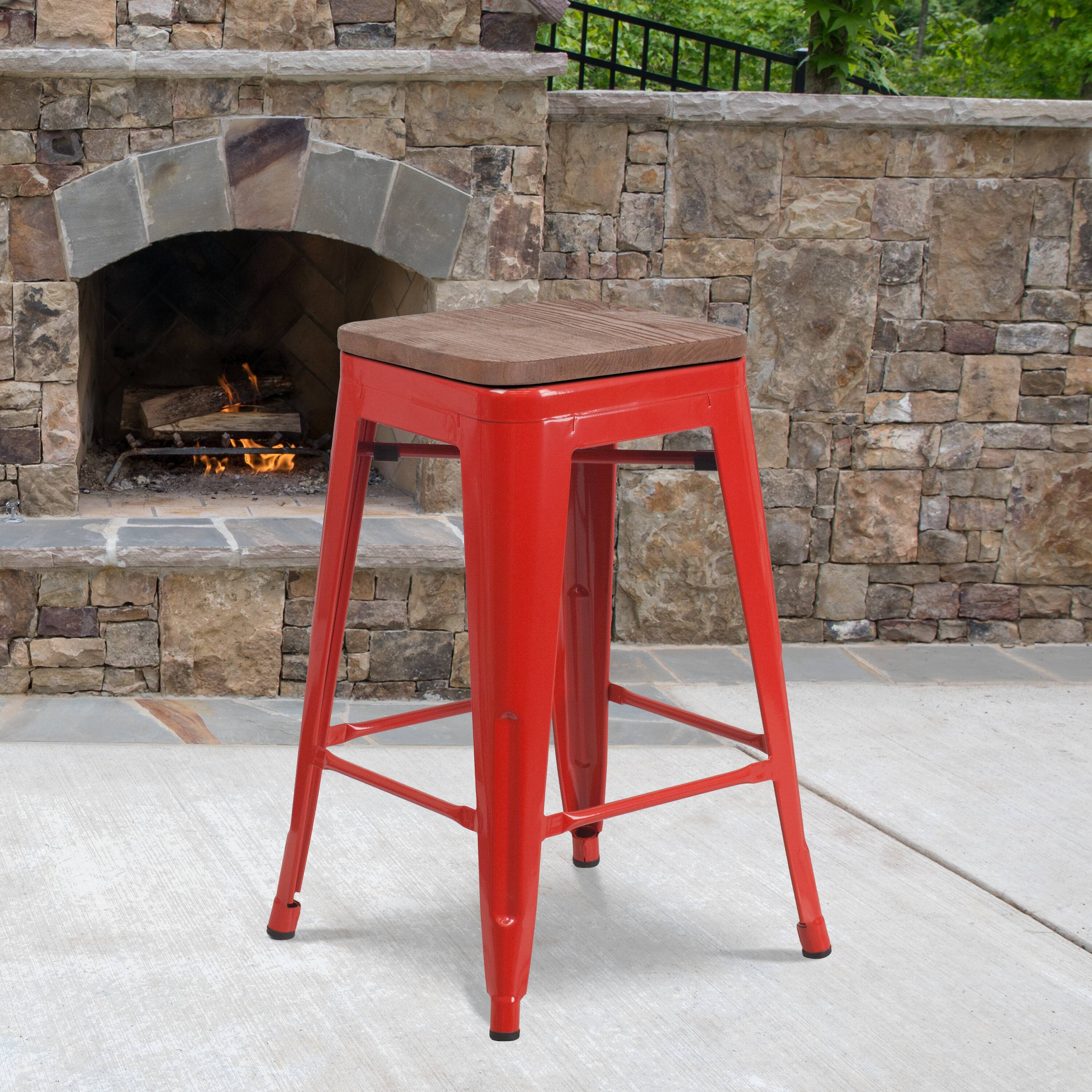 Emma + Oliver - 24"H Backless Metal Counter Height Stool with Wood Seat - Red