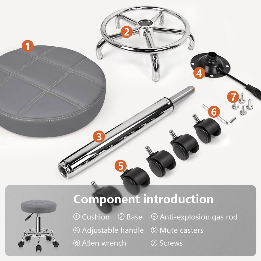 1. Cushion  
2. Base  
3. Anti-explosion gas rod  
4. Adjustable handle  
5. Mute casters  
6. Allen wrench  
7. Screws  

Component introduction  
1. Cushion  
2. Base  
3. Anti-explosion gas rod  
4. Adjustable handle  
5. Mute casters  
6. Allen wrench  
7. Screws